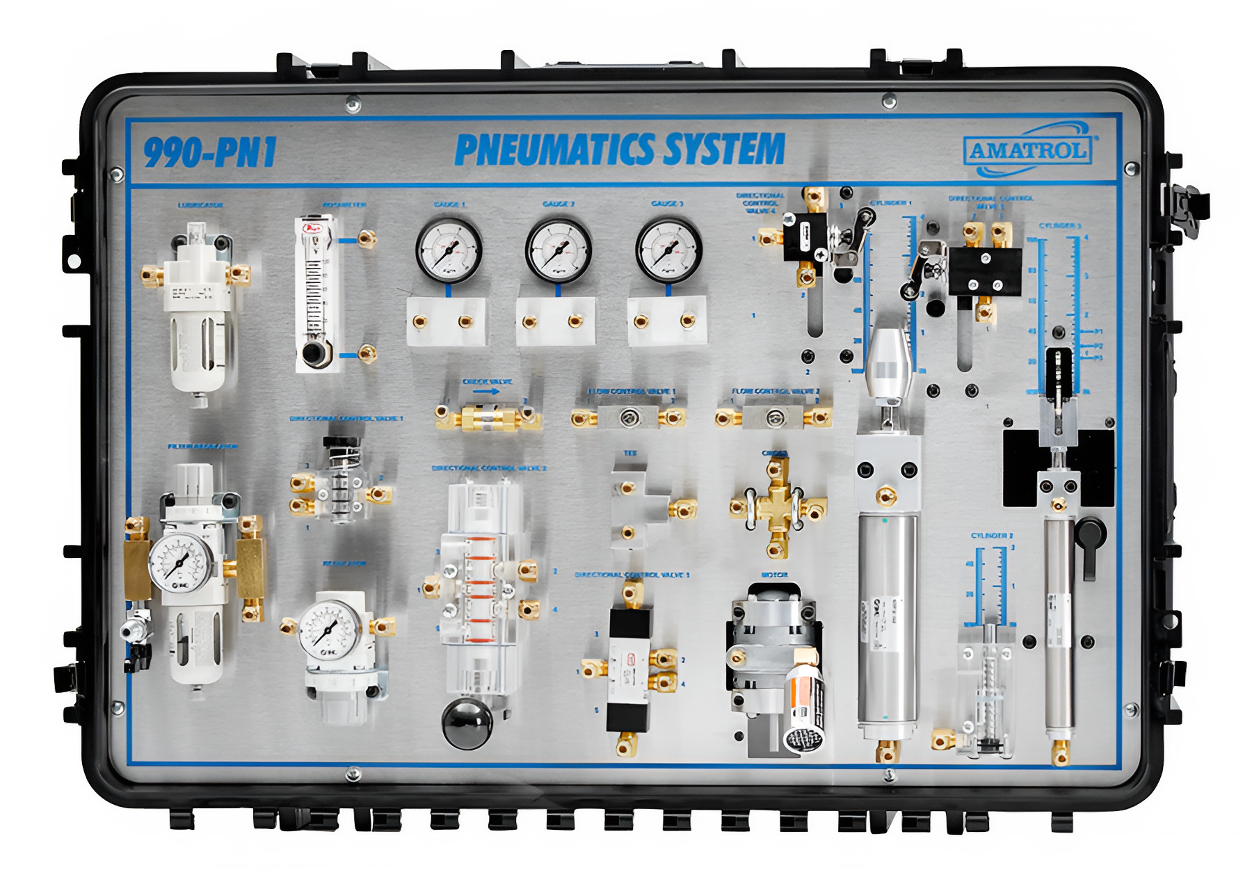 A pneumatic system control panel with gauges, valves, cylinders, and adjustment knobs, labeled with blue text, mounted on a metallic surface within a black case.
