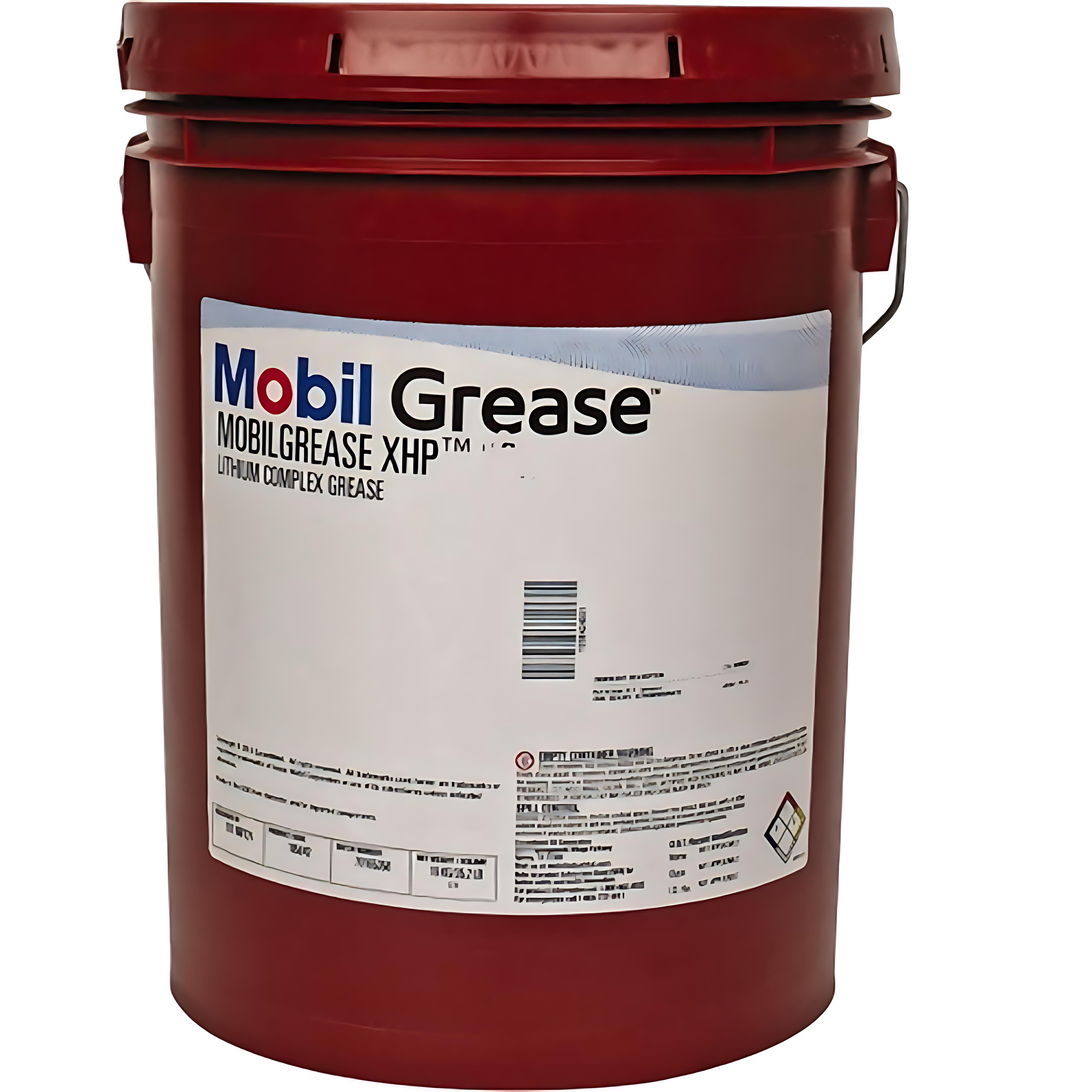 A red plastic bucket labeled Mobil Grease, a lithium complex grease product with the Mobil logo and description.
