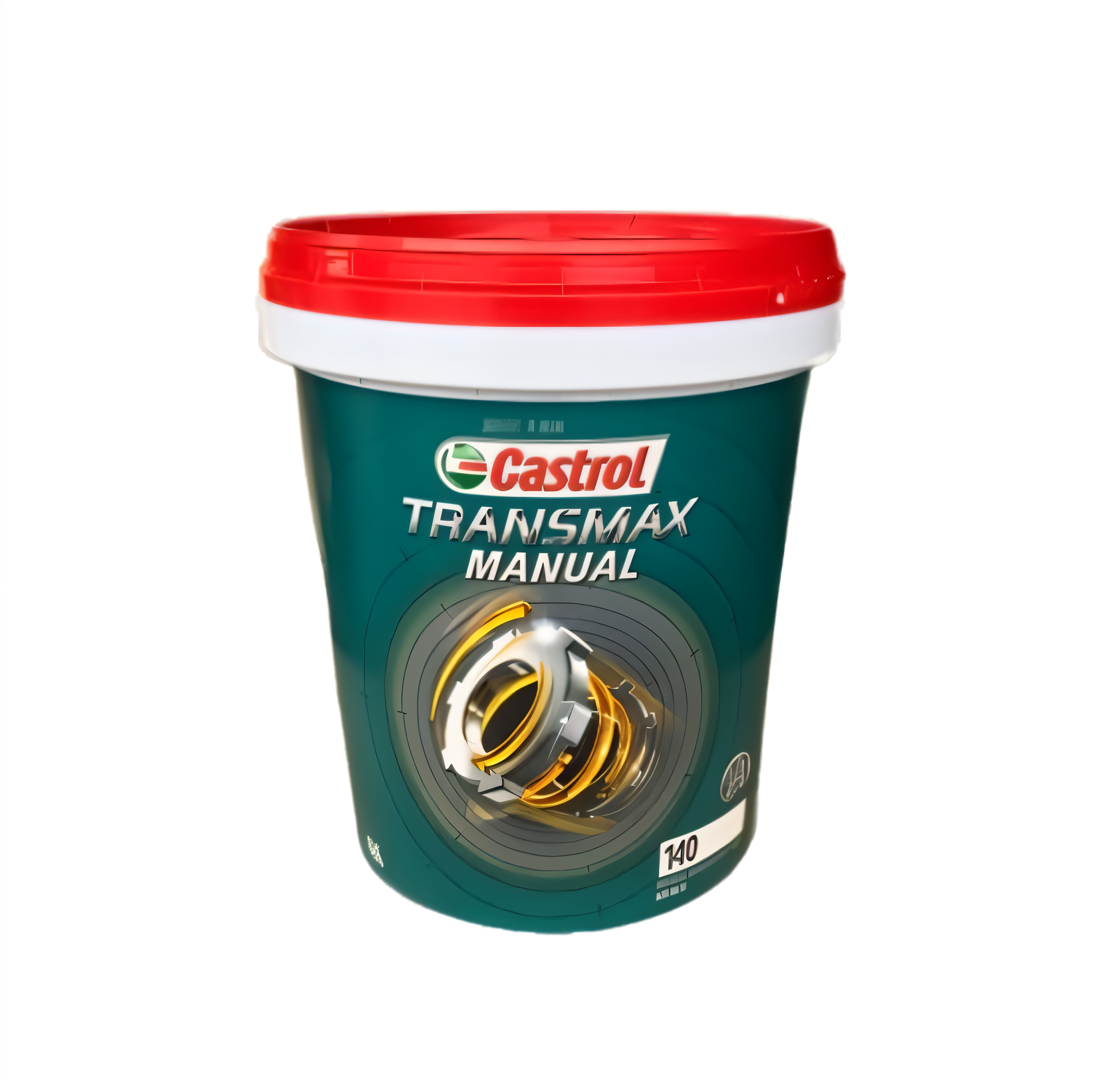 A green and red container of Castrol Transmax Manual transmission fluid with a white lid.