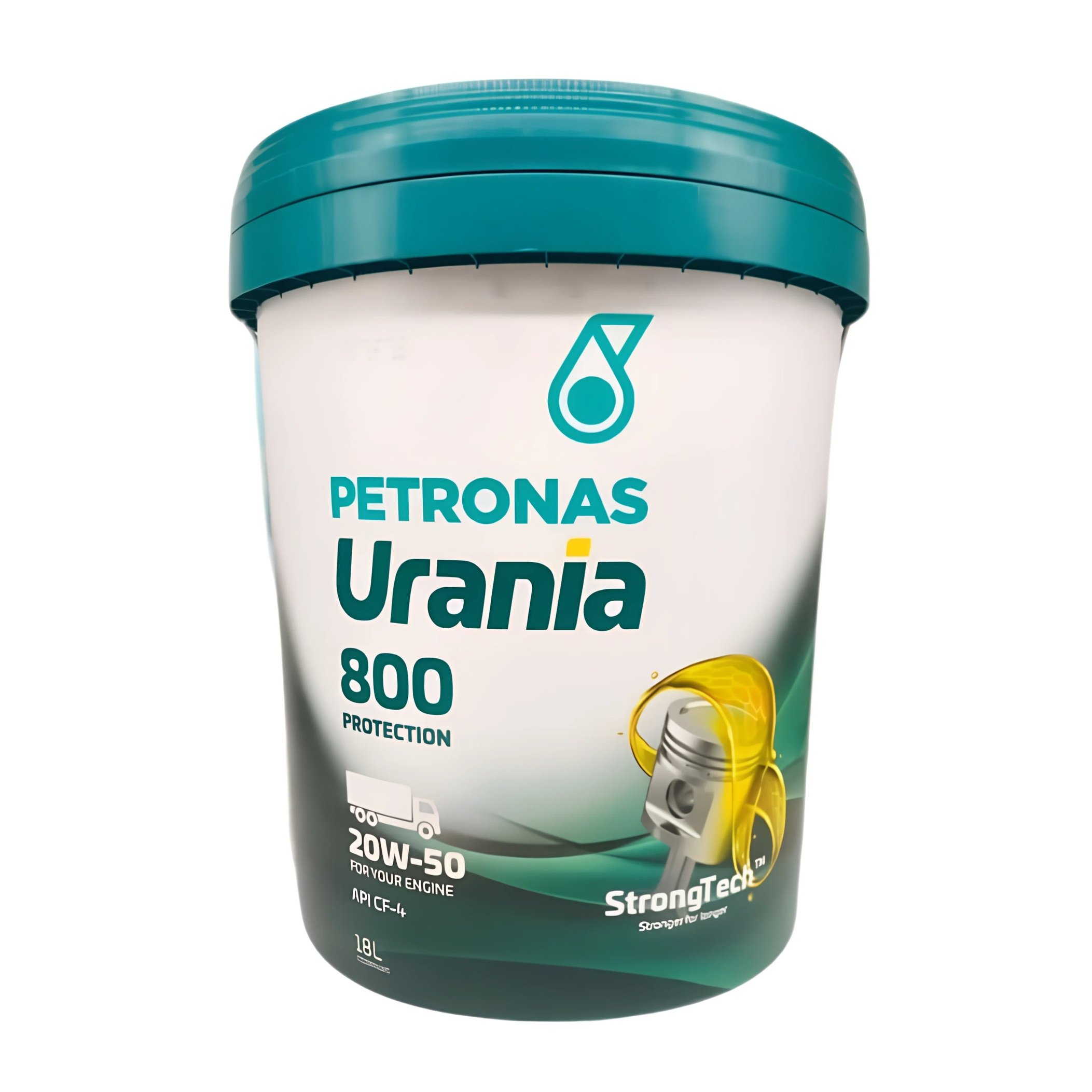 A bucket of Petronas Urania 800 engine oil with a blue lid, featuring a piston illustration and oil drop logo.