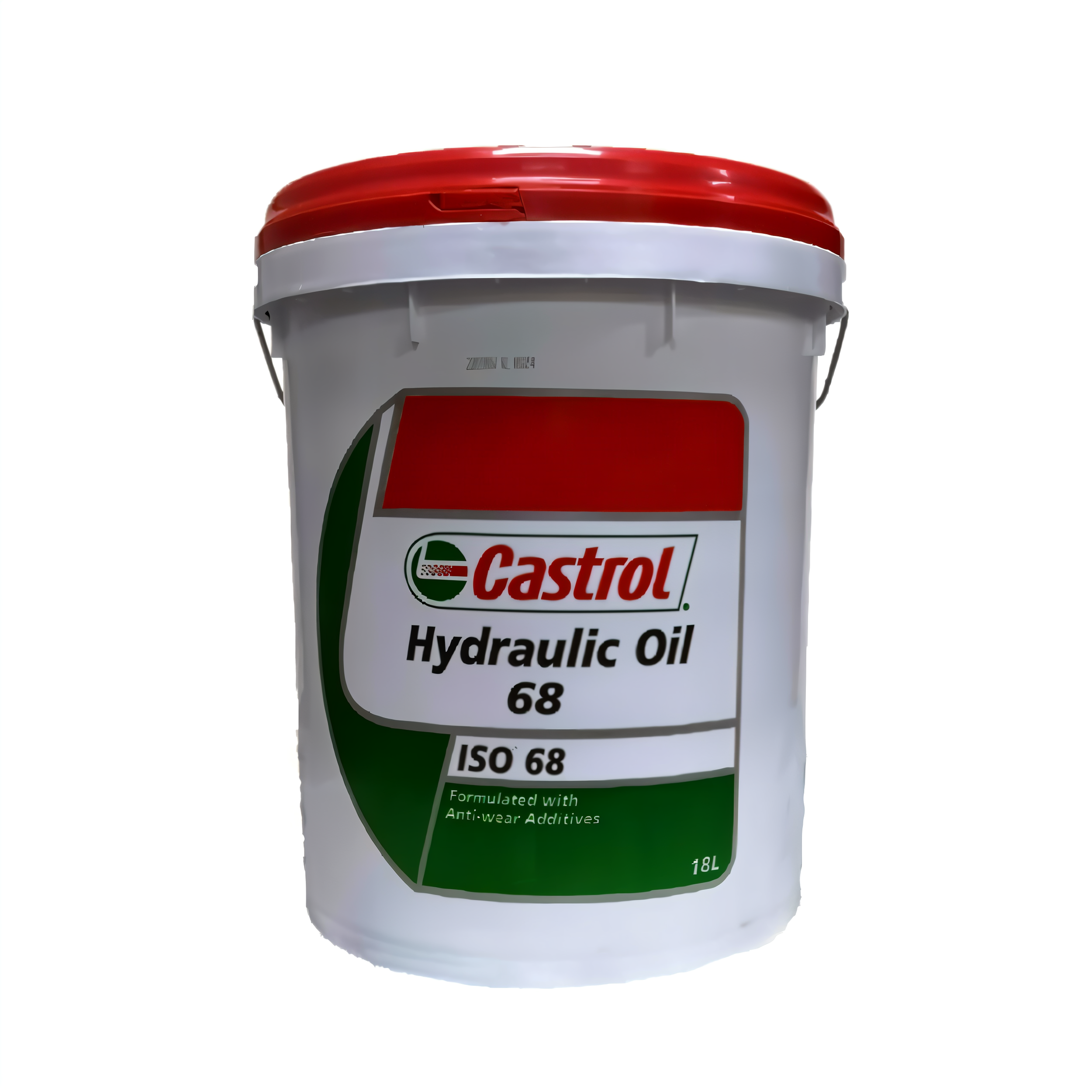 A white container of Castrol hydraulic oil 68 with a red lid and green label.