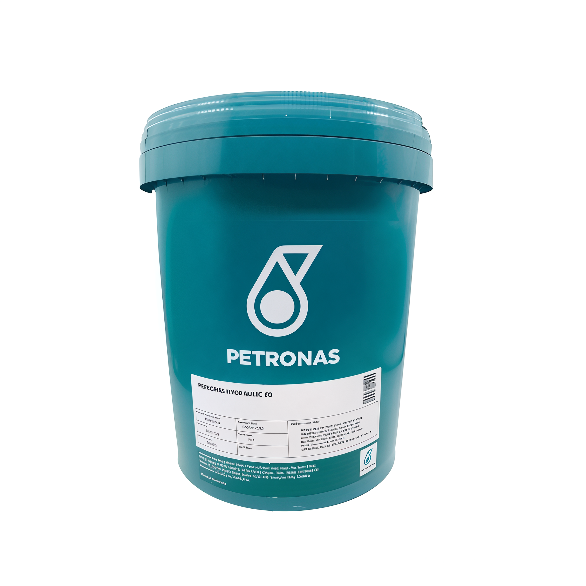 A teal plastic bucket with a lid, featuring the Petronas logo and label.