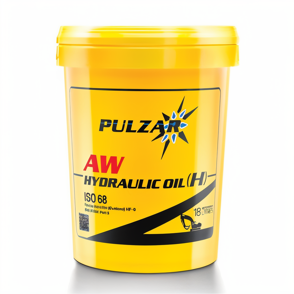 Yellow bucket of Pulzar AW Hydraulic Oil (H) with black and red text and a graphic illustration of hydraulic machinery.