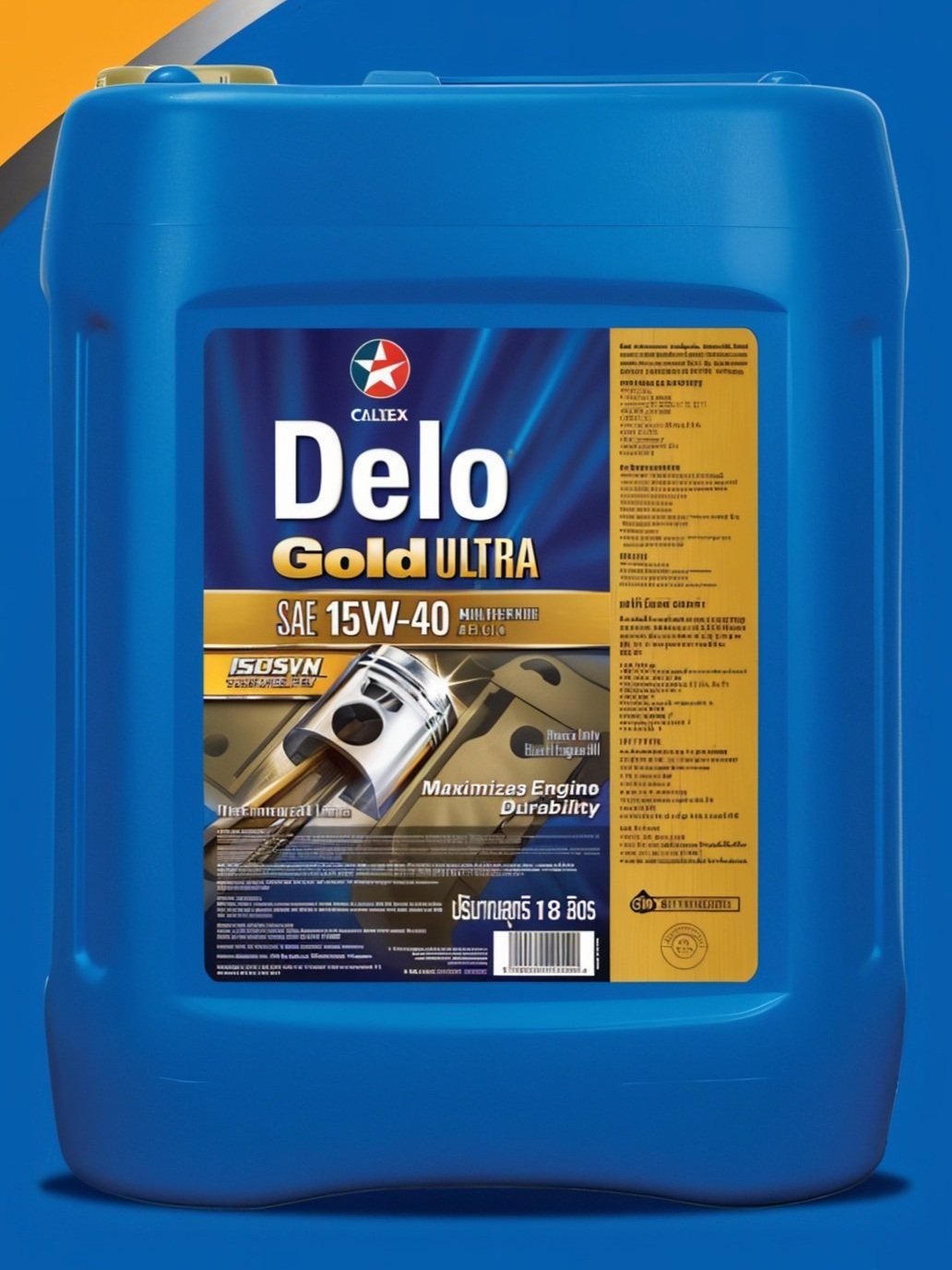 Blue container of Caltex Delo Gold Ultra SAE 15W-40 motor oil with a label showing engine durability and maximum engine life benefits.