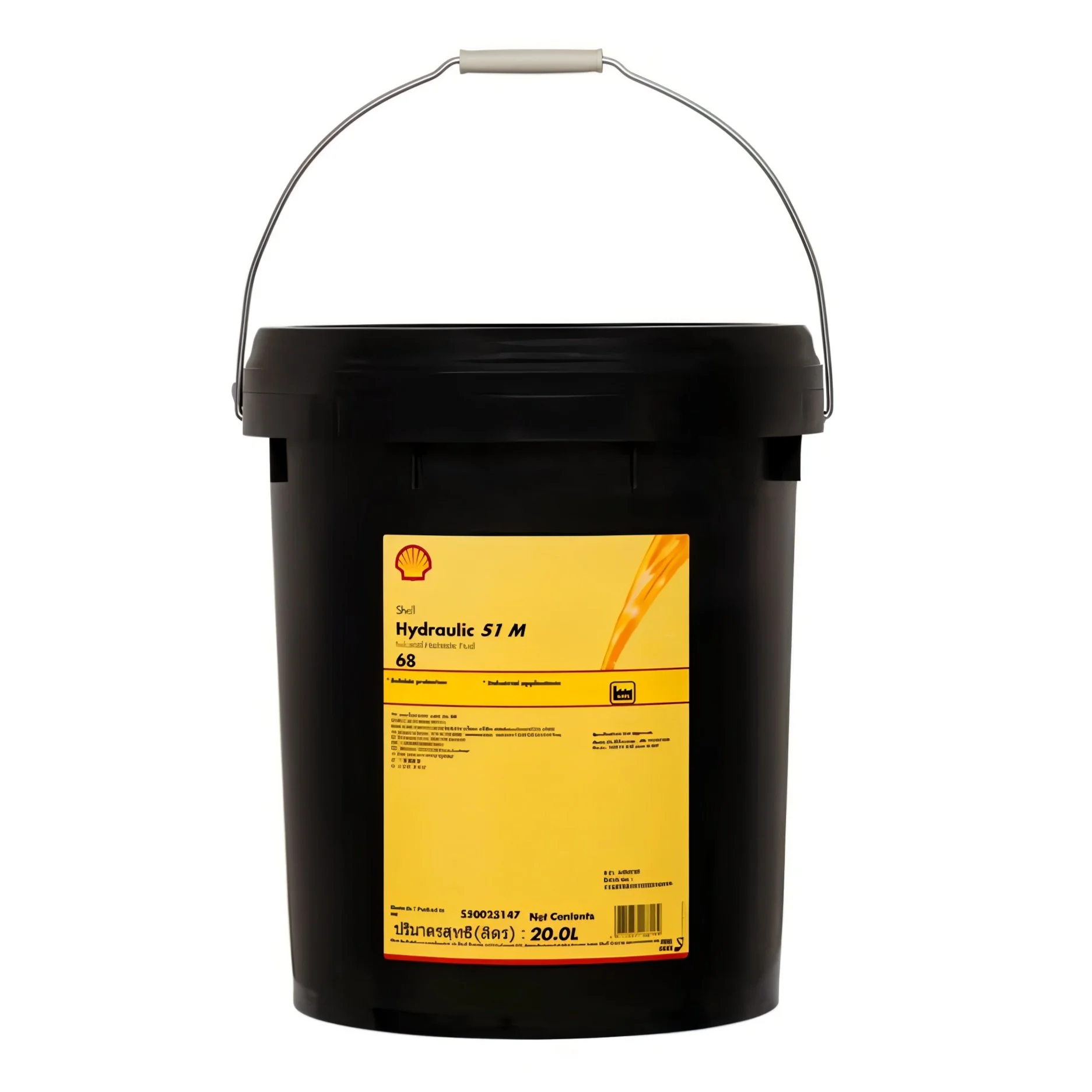 Black bucket with yellow label containing Shell hydraulic oil product information.