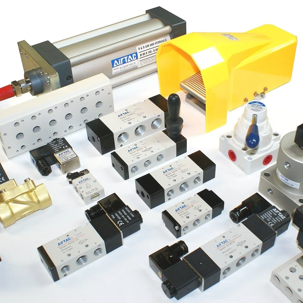 Collection of pneumatic and hydraulic components including valves, cylinders, and connectors from AIRTAC.