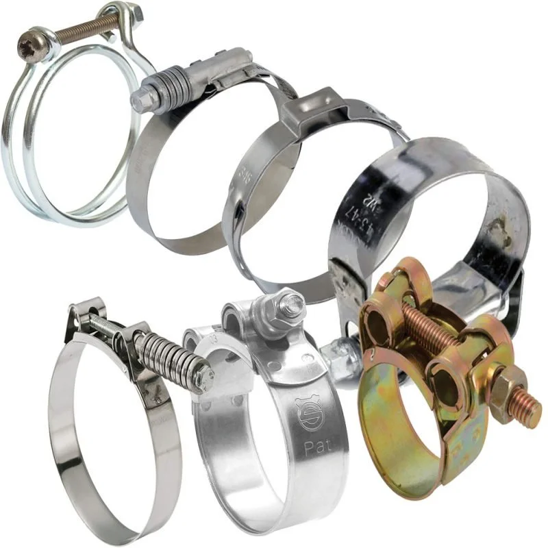 A collection of metal hose clamps and a few bolted clamp fittings.