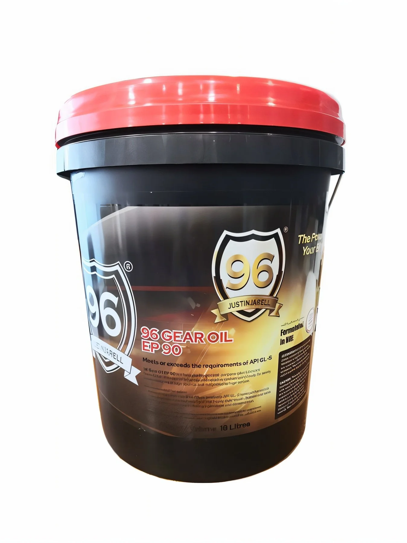 A black plastic container with a red lid, labeled '96 Gear Oil EP 90' by Justin LaBell, with a shield logo and product details.