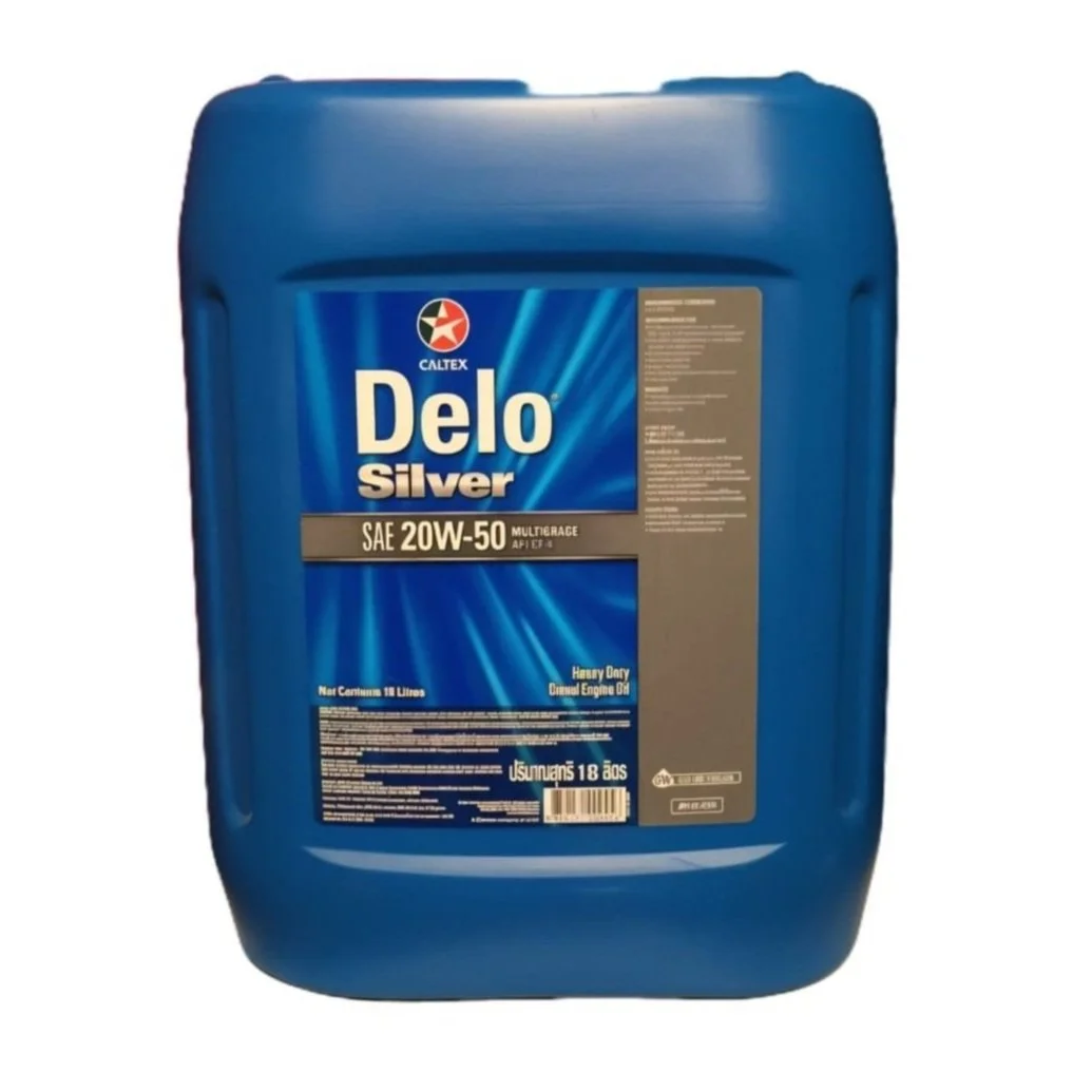 Blue container of Caltex Delo Silver heavy-duty engine oil with a label indicating SAE 20W-50 multigrade and 18-liter capacity.
