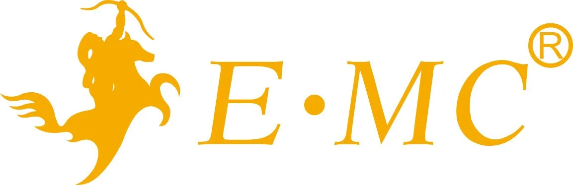 Emc logo with a stylized golden unicorn and the text "E·MC" in gold.