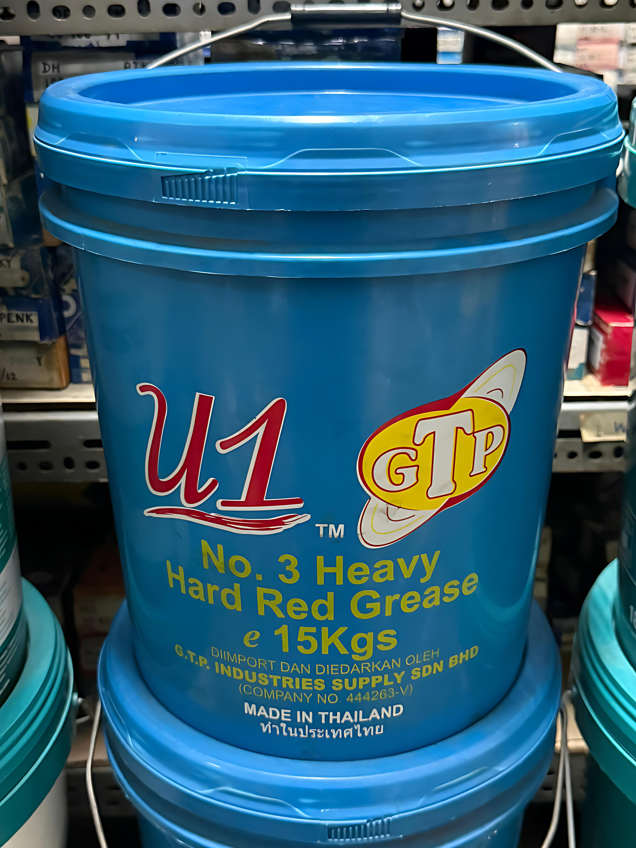 Blue plastic bucket with yellow and red label reading 'U1 Heavy Hard Red Grease 15kgs' made in Thailand.