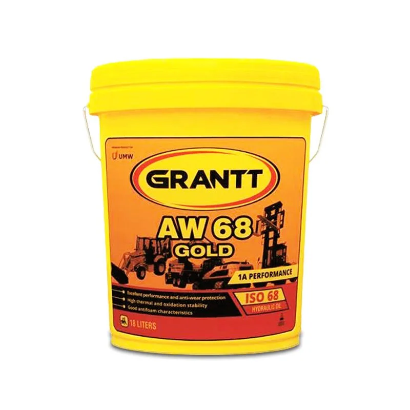 A yellow bucket labeled Grantt AW 68 Gold hydraulic oil with images of construction equipment on the label.