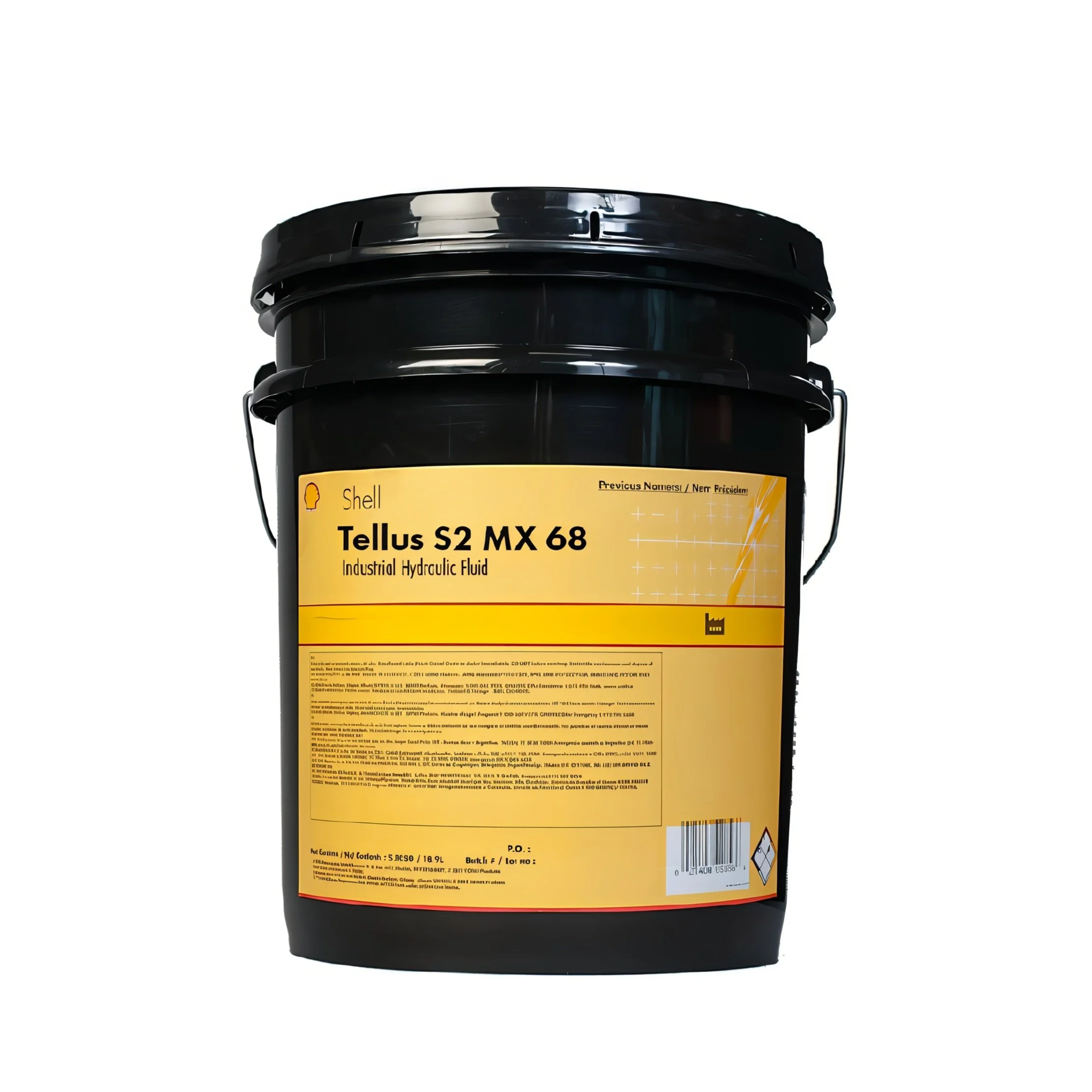 A black bucket of Shell Tellus S2 MX 68 industrial hydraulic fluid with a yellow label and a barcode.