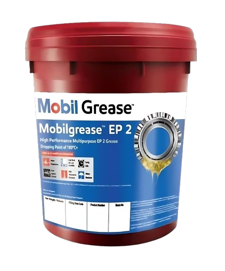 A red plastic bucket of Mobilgrease EP 2 with a blue and white label, featuring a gear image and product information.