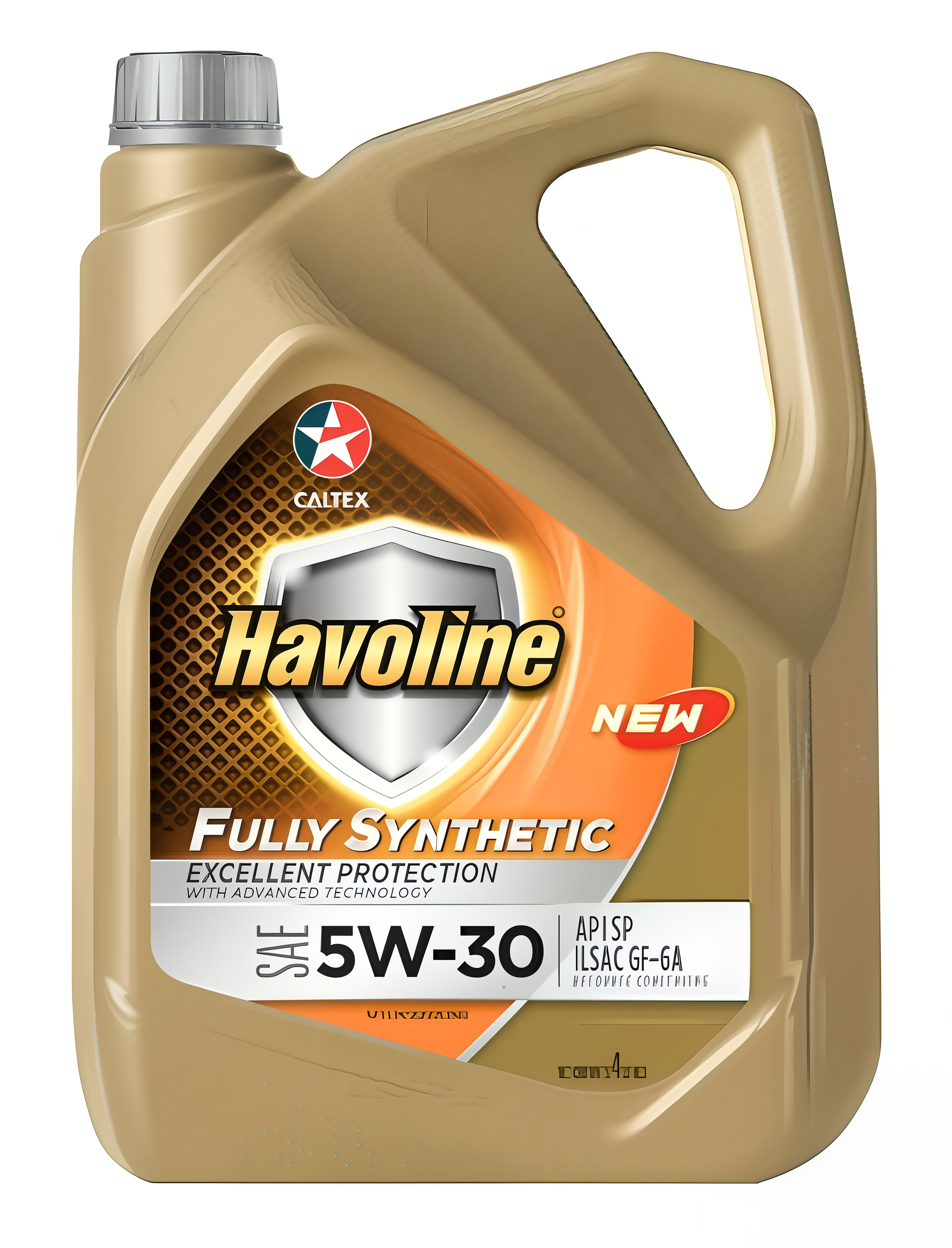 A large beige plastic container of Havoline fully synthetic motor oil, labeled SAE 5W-30, with a silver cap and orange and black branding.