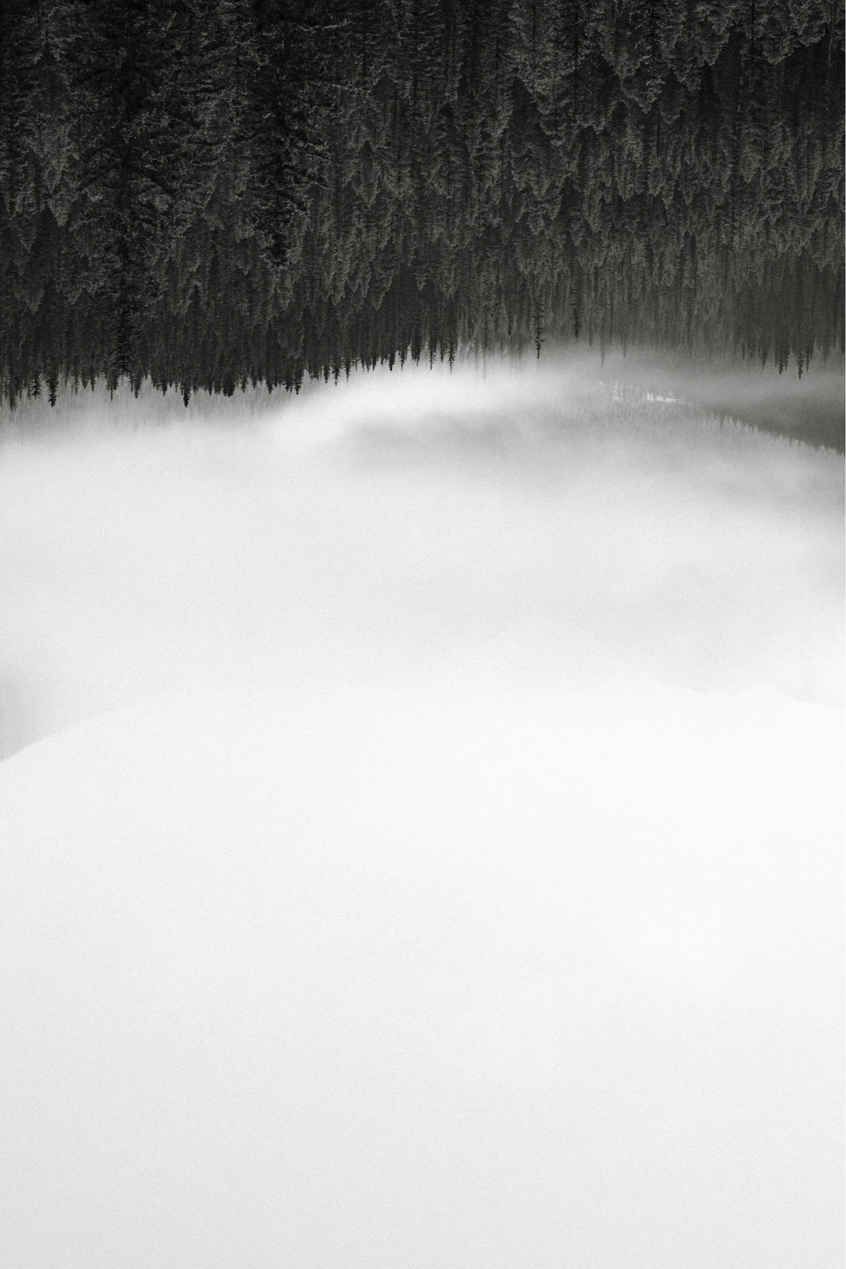 Black and white photograph of a wooded mountain landscape reflected in a lake with a foggy atmosphere.