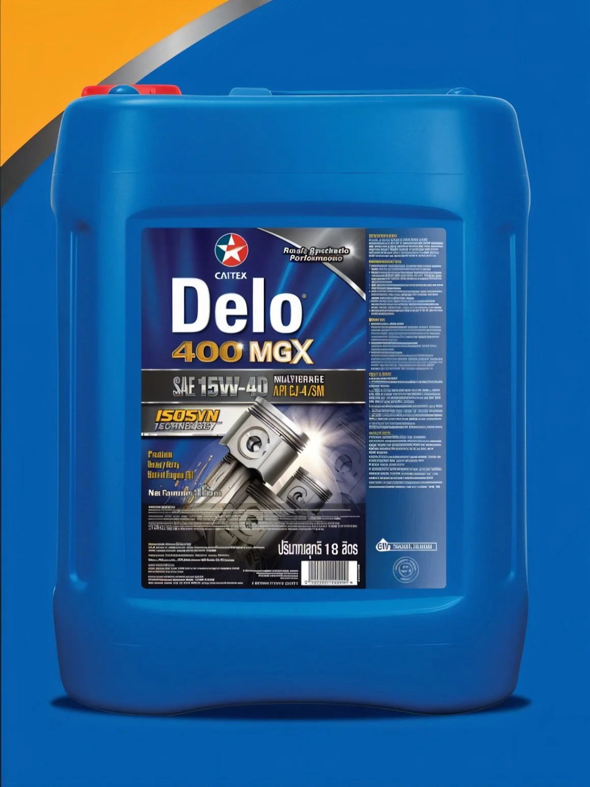 Blue plastic container of CAITEX Delo 400 MGX motor oil with a label displaying images of pistons, SAE 15W-40, and API CJ-4/SM standards, on a blue and orange background.