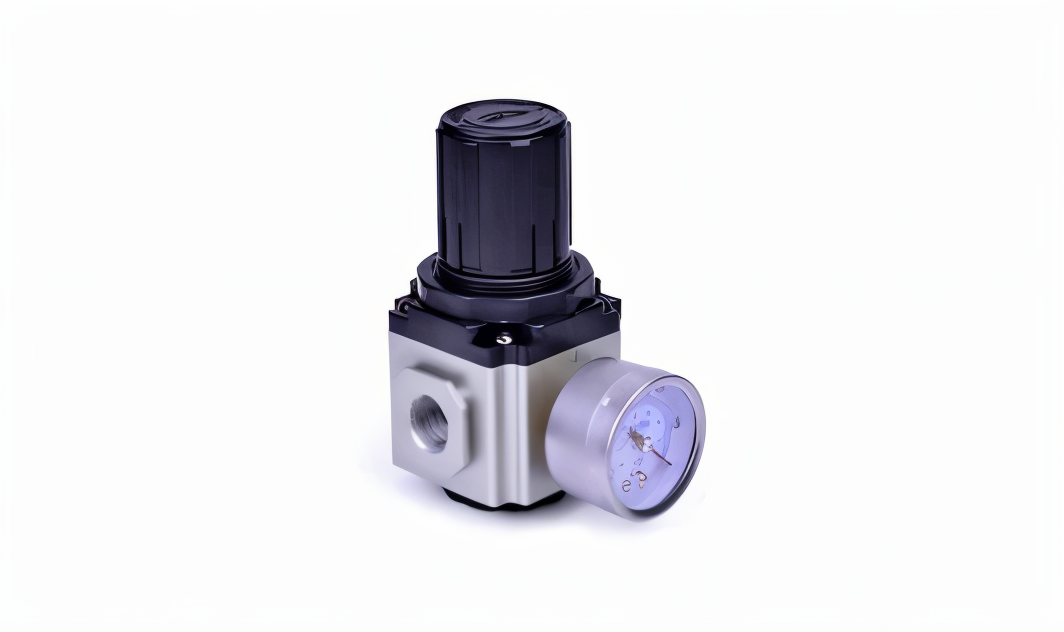 A pressure regulator with a black adjustment knob and a pressure gauge that displays psi units.