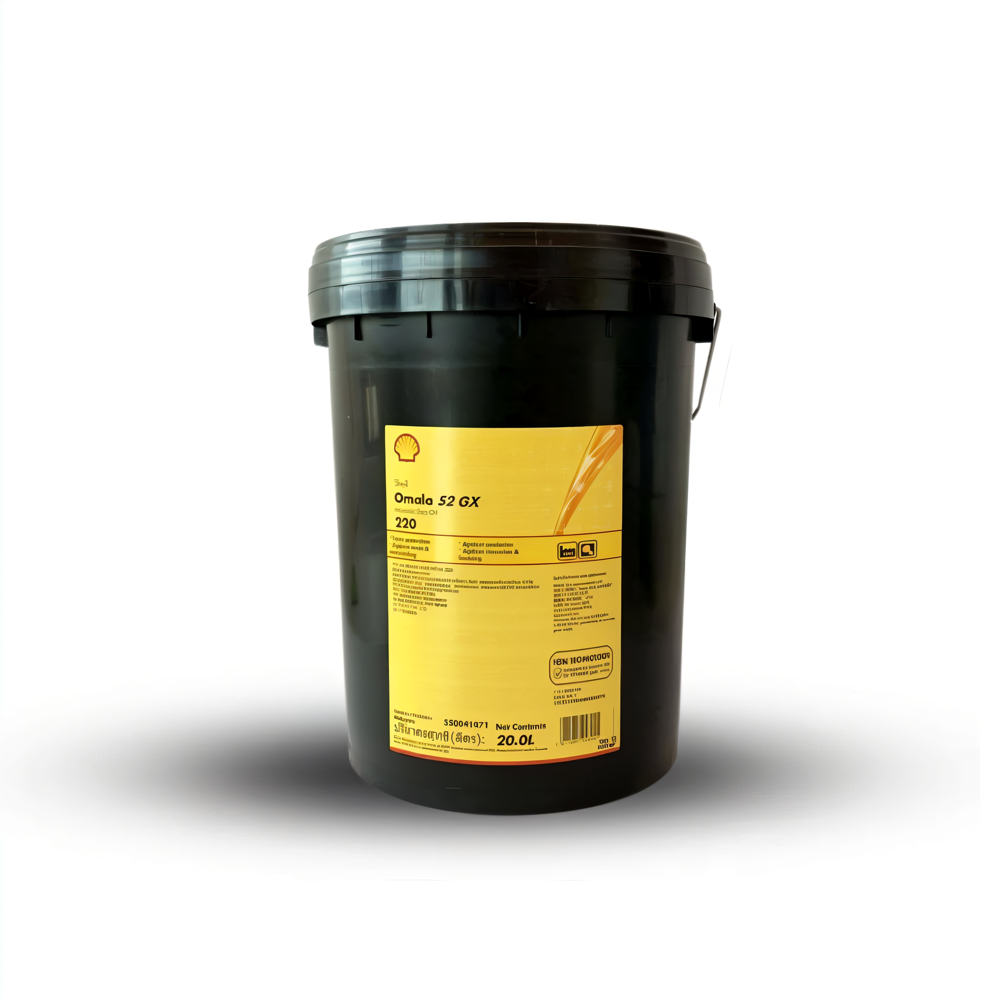 Black plastic container with a yellow and orange label, used for storing lubricants or industrial oils.
