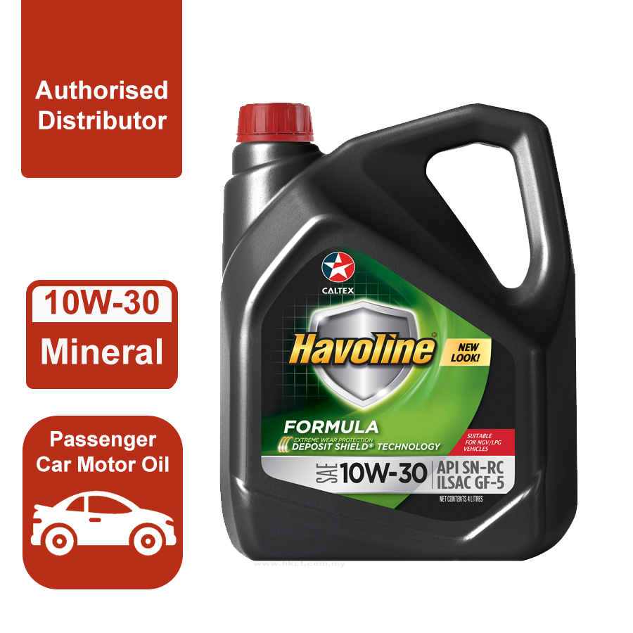 A black container of Havoline 10W-30 mineral passenger car motor oil with a red cap, featuring labels indicating it's an authorized distributor, suitable for gasoline and LPG vehicles, and contains 4 liters.