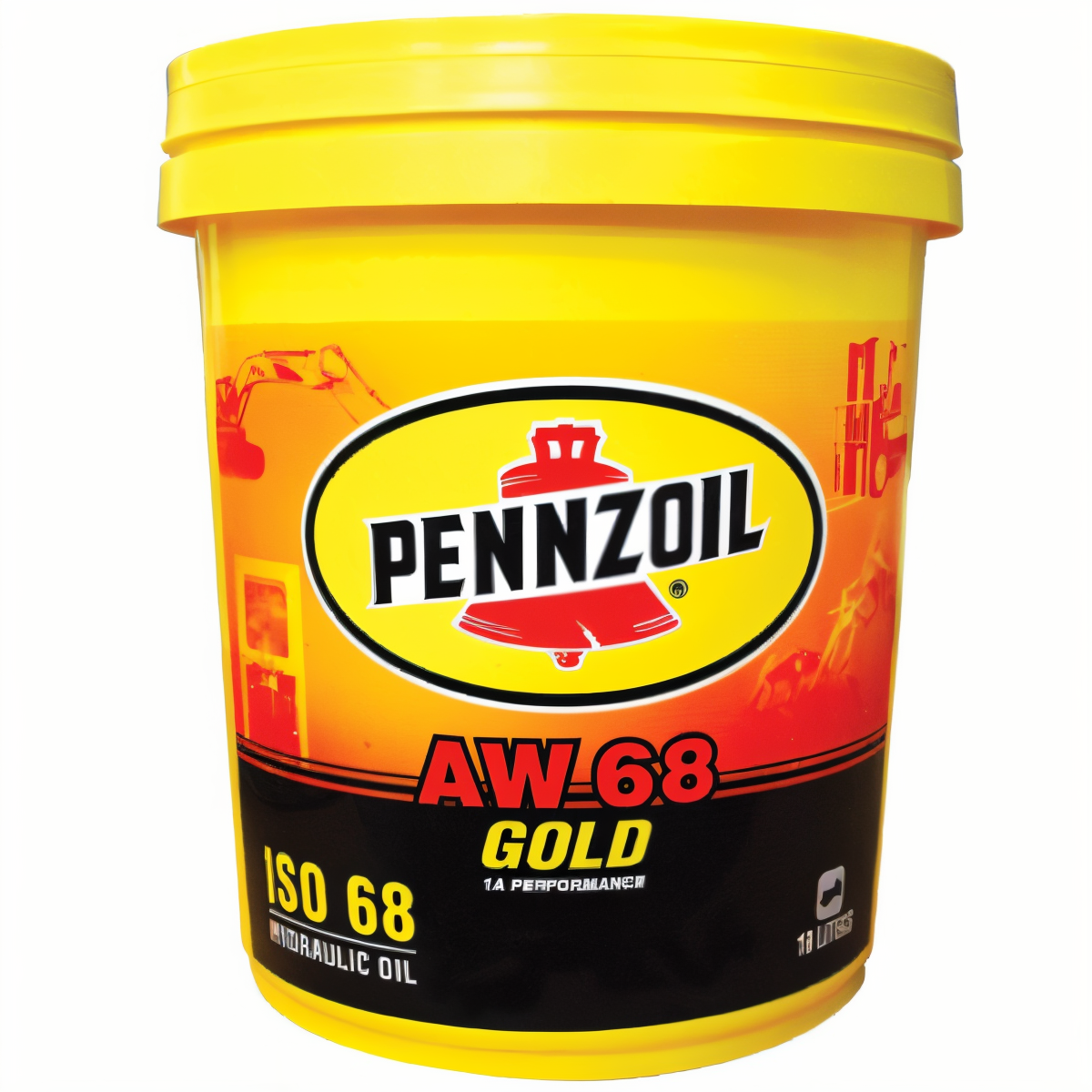A yellow bucket of Pennzoil AW 68 Hydraulic Oil with black and red accents, labeled as ISO 68, Gold performance grade.