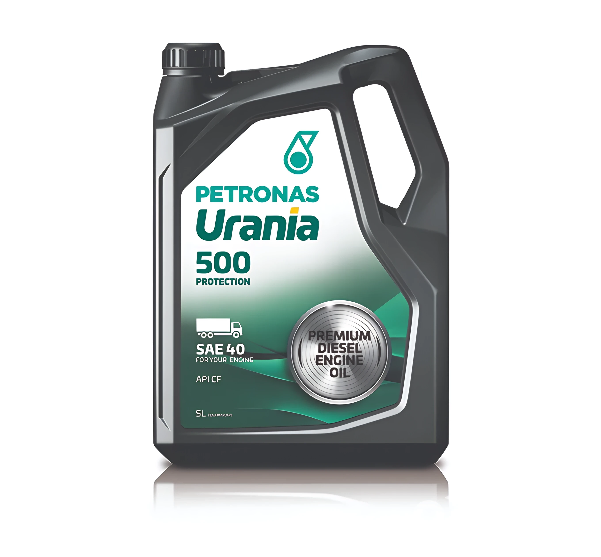 A container of Petronas Urania 500 diesel engine oil, black plastic with a handle, label showing brand name, product name, and specifications, including SAE 40 for diesel engines.