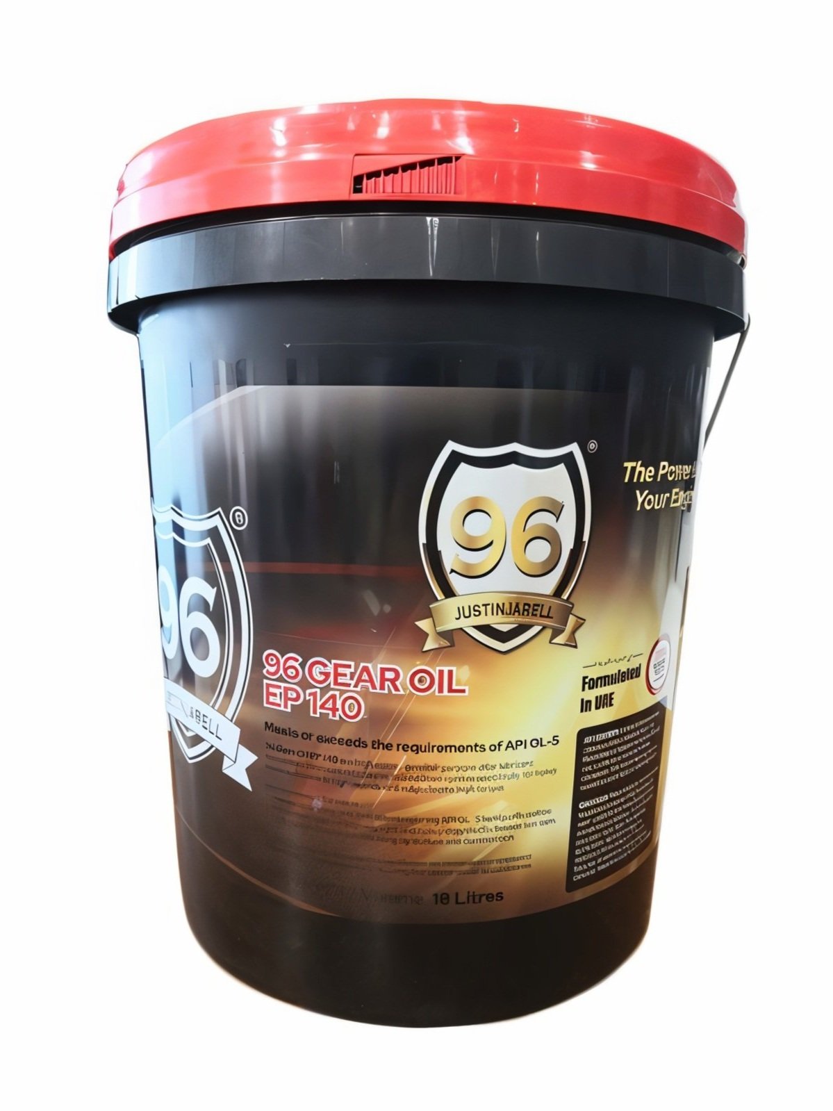 A black plastic bucket with a red lid, labeled for 96 gear oil, 1 liter size, featuring a logo with the number 96 and professional branding.