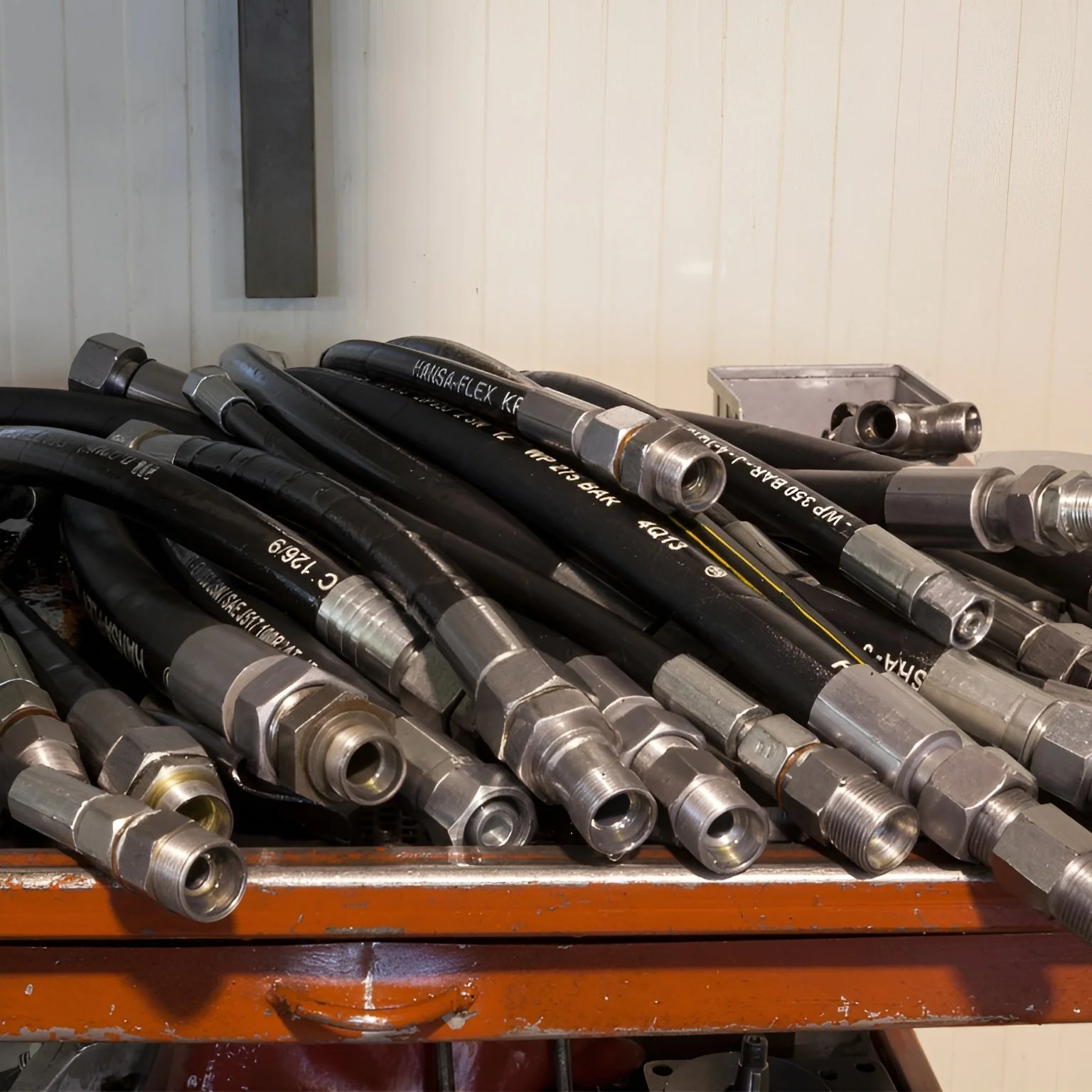 A pile of hydraulic hoses with metal fittings on a metal workbench.