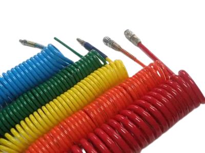 A set of colorful coaxial cables, including blue, green, yellow, orange, and red, with metal connectors on the ends.