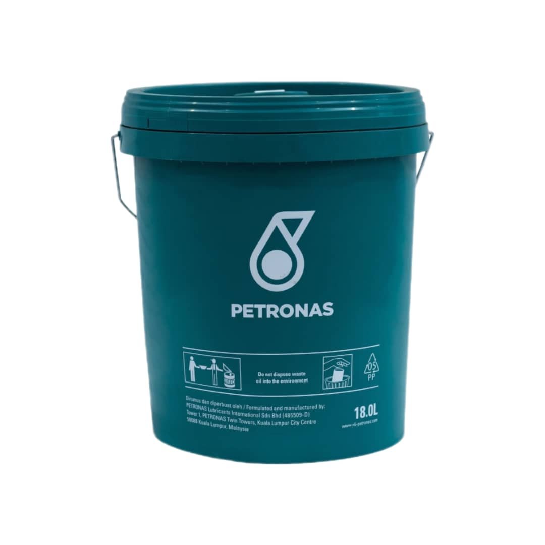 A teal plastic bucket with a lid, labeled PETRONAS, with 18 liters capacity, used for storing lubricants or oils.