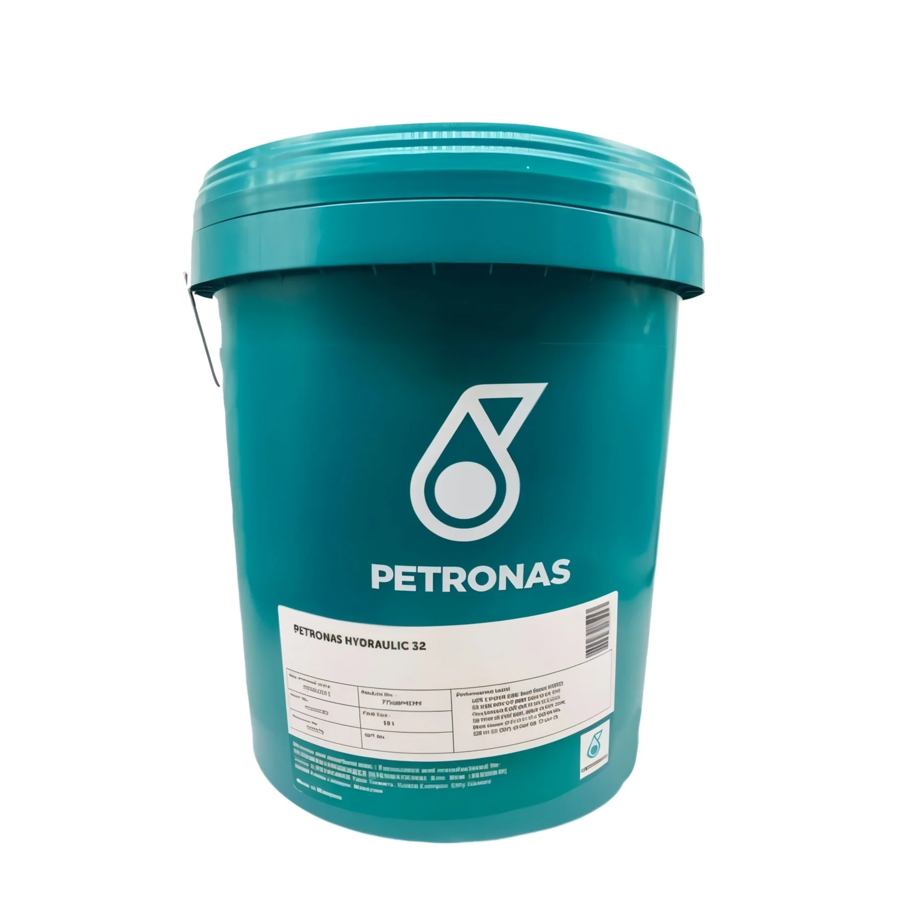 A blue plastic bucket labeled PETRONAS with a logo and white label detailing hydraulic fluid specifications.