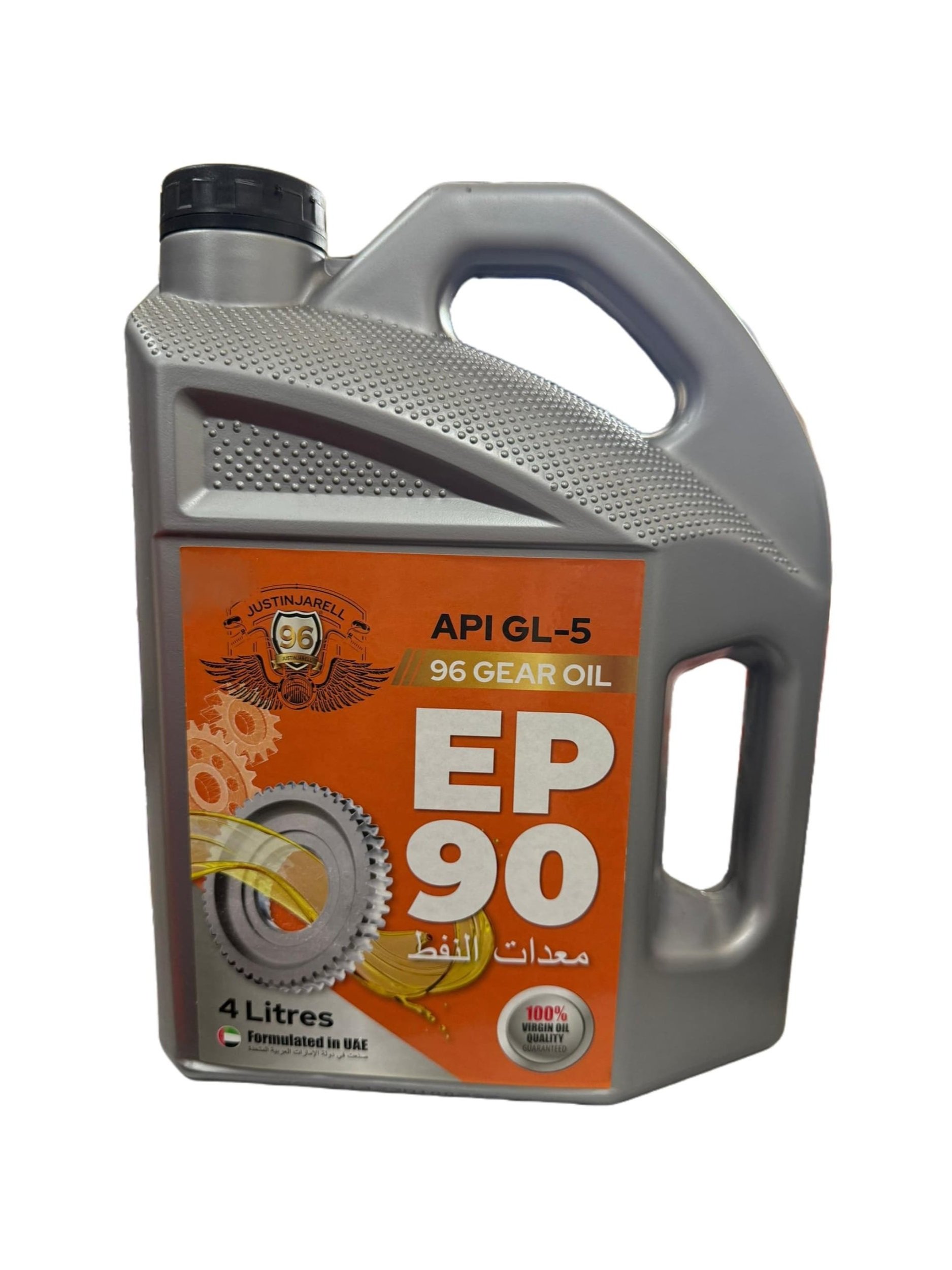 A 4-liter container of EP 90 gear oil with orange label, featuring gears and mechanical graphics, labeled as API GL-5, 96 gear oil, formulated in UAE.