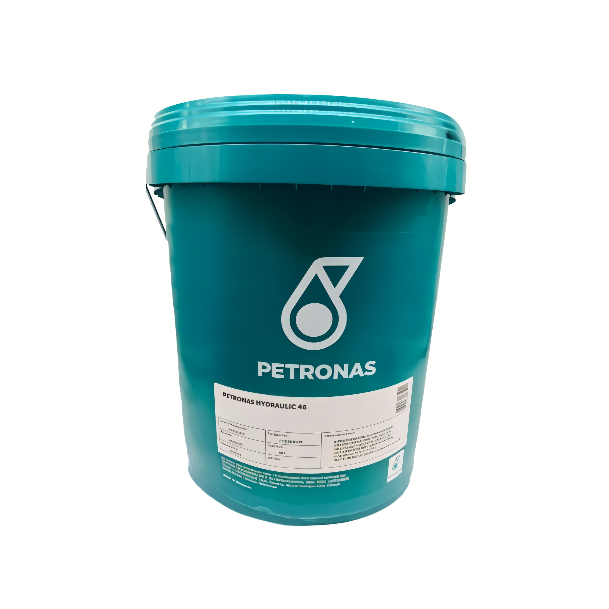Blue bucket with Petronas logo and a label indicating hydraulic oil Petronas Hydraulic 46.