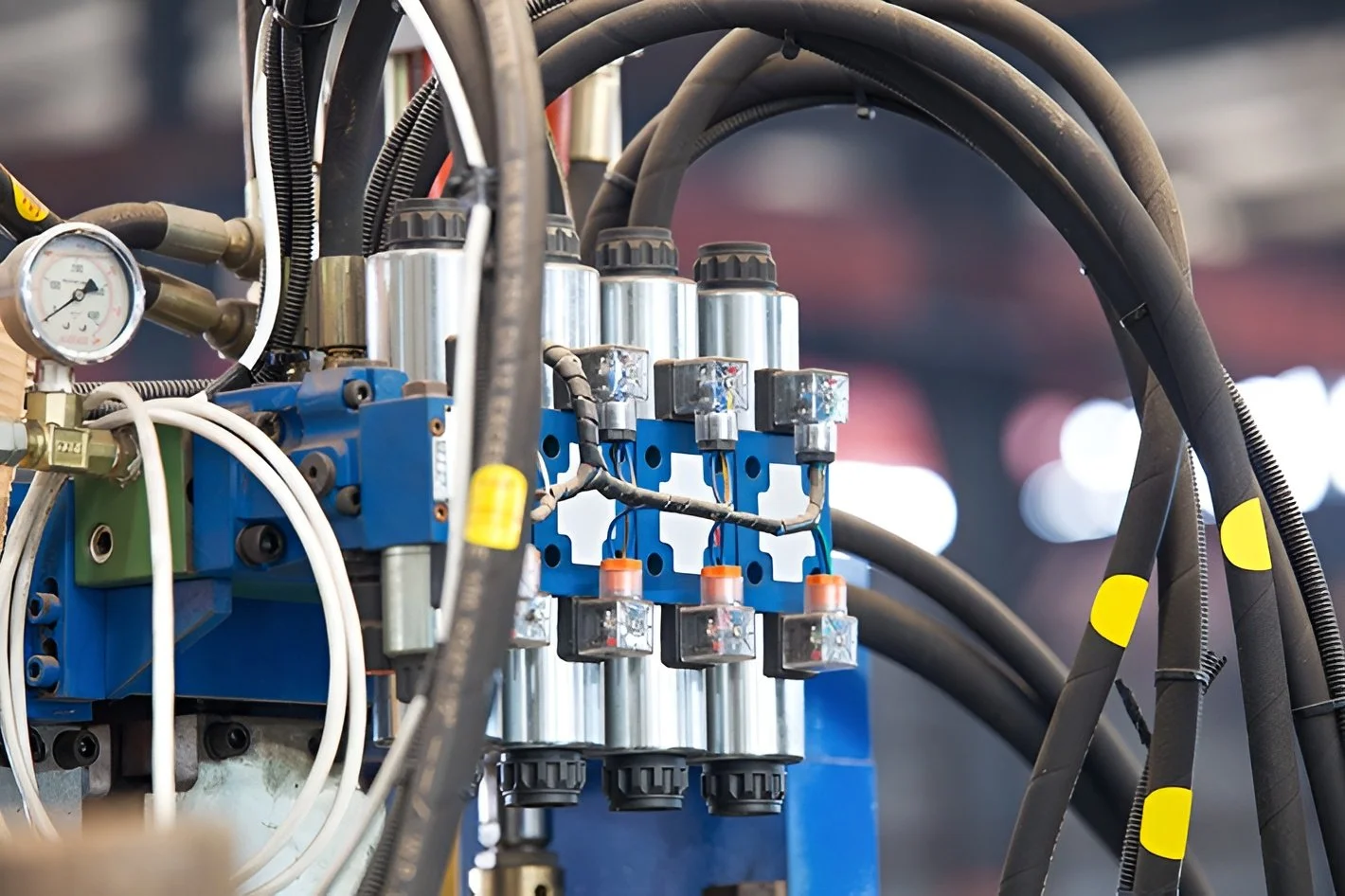 Industrial machinery with blue and metal components, including wires, gauges, and hydraulic parts.
