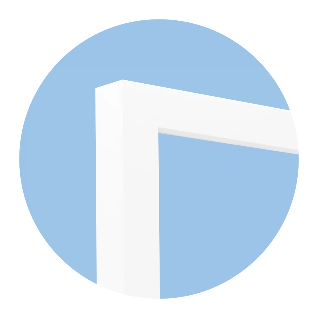 Corner of a white frame against a blue circle background