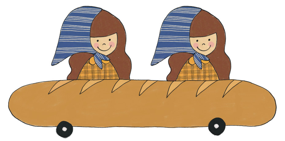 A cartoon illustration of two girls with brown hair, wearing blue and white striped headscarves, sitting inside a large loaf of bread on a black background.