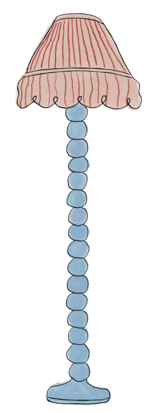 Illustration of a table lamp with a beige and pink striped lampshade and a base made of stacked blue spheres.