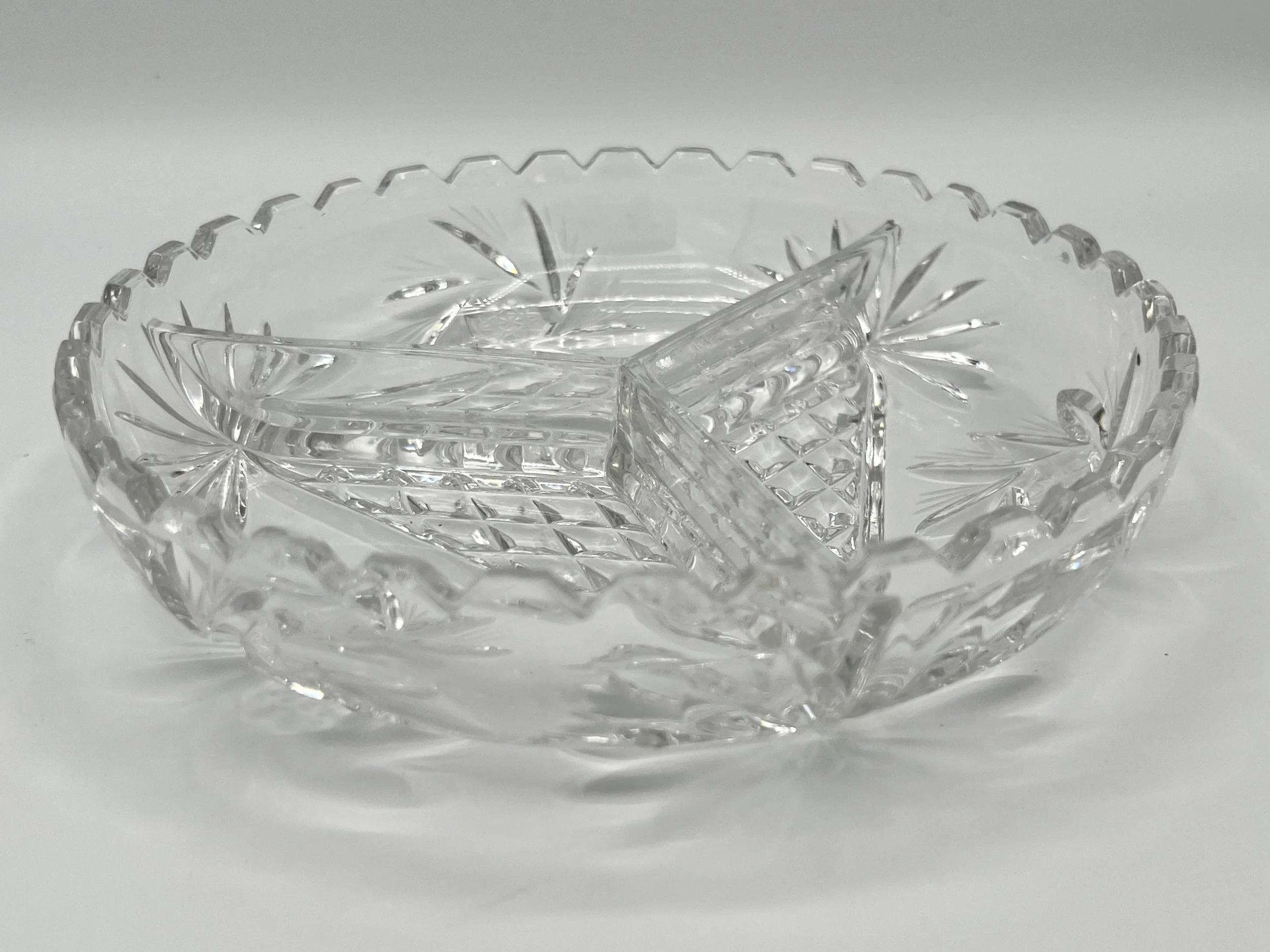Vintage Clear Cut Glass 3-Section Divided Relish Dish, Sawtooth Rim
