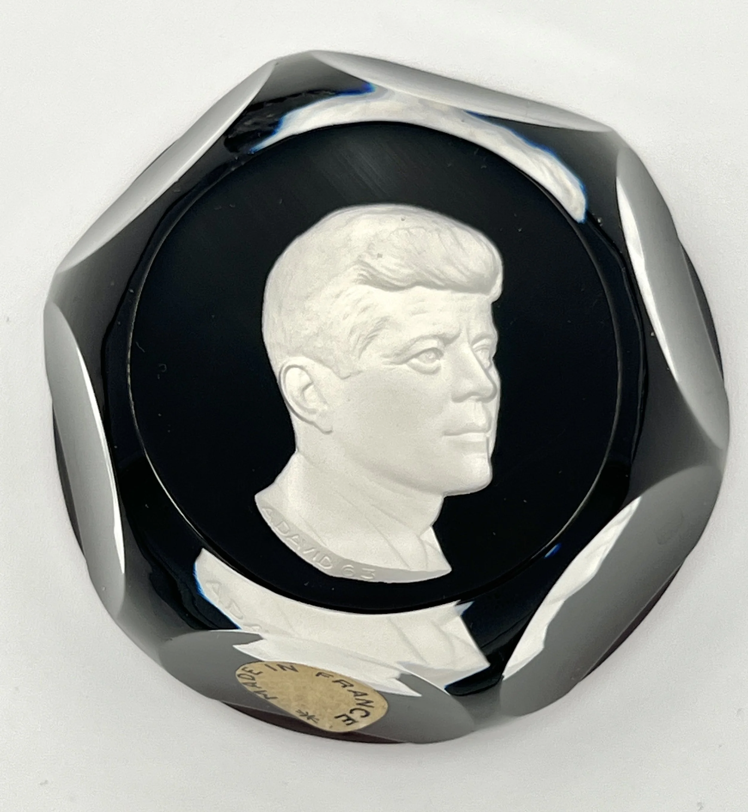 Baccarat France Crystal Sulphide Cameo John F. Kennedy Paperweight, Ruby Red Overlay