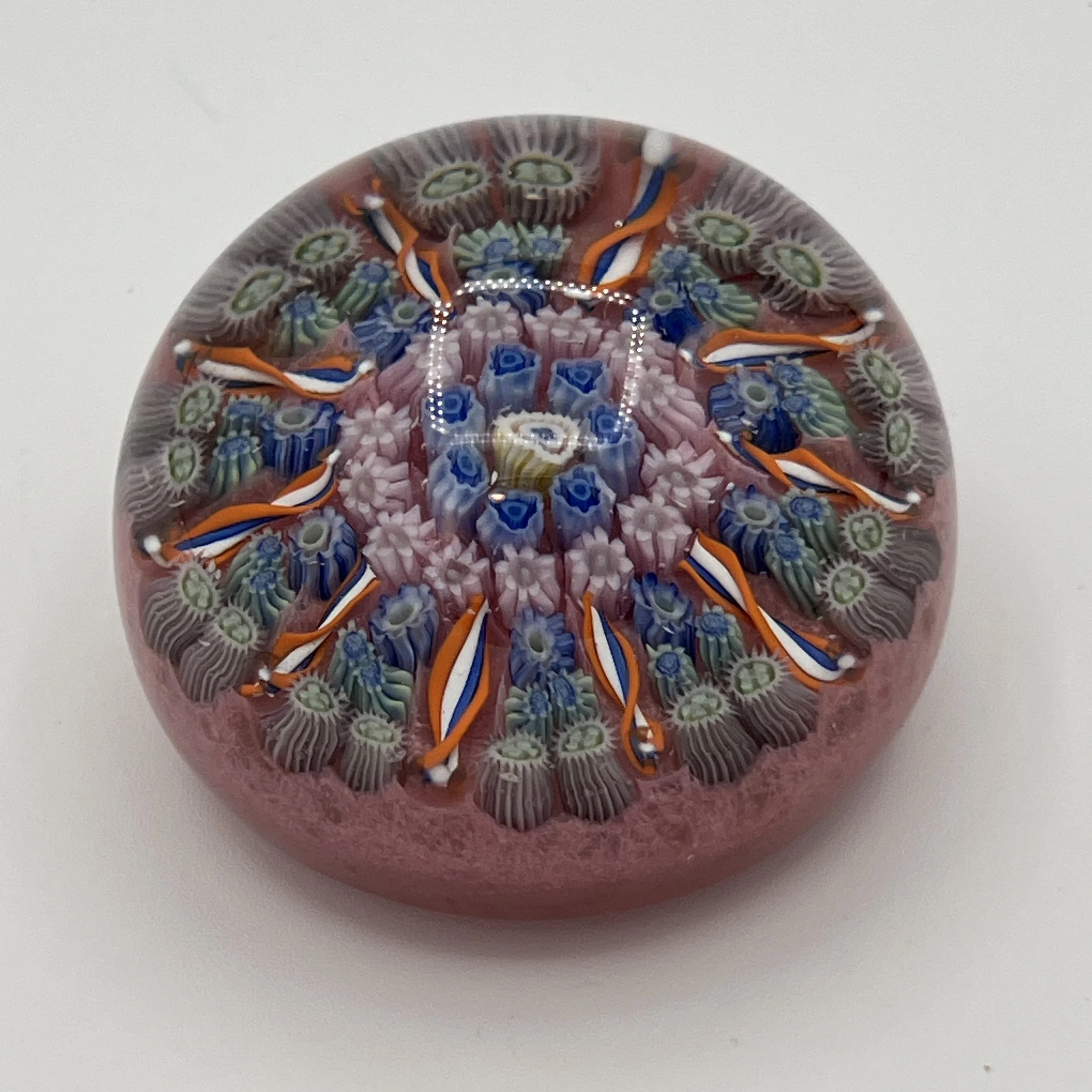 Perthshire Paperweights Scotland Millefiori Glass Paperweight, Pink Ground, Original Label