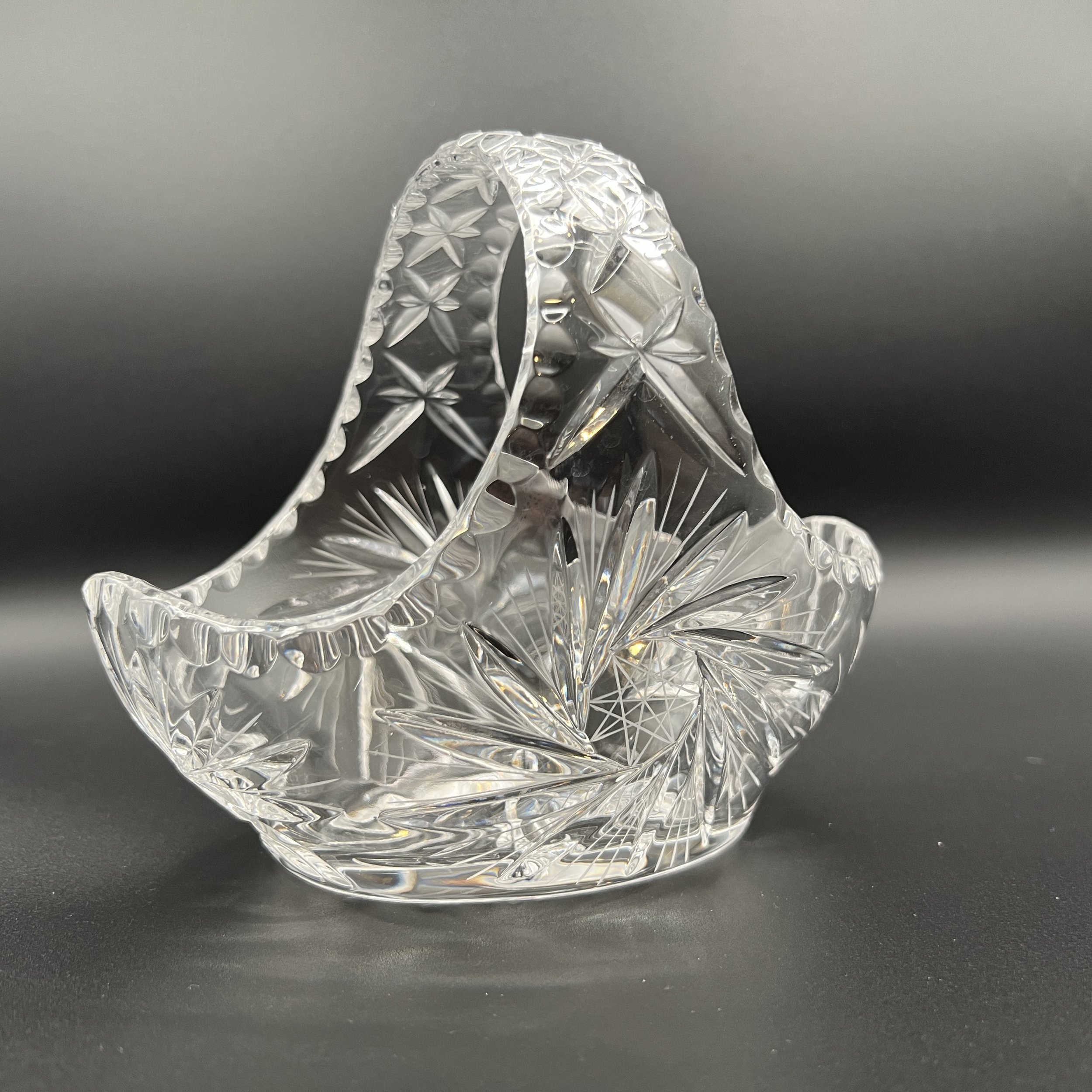 Vintage Cut Crystal Basket with Handle, Pinwheel Starburst Design, 8"