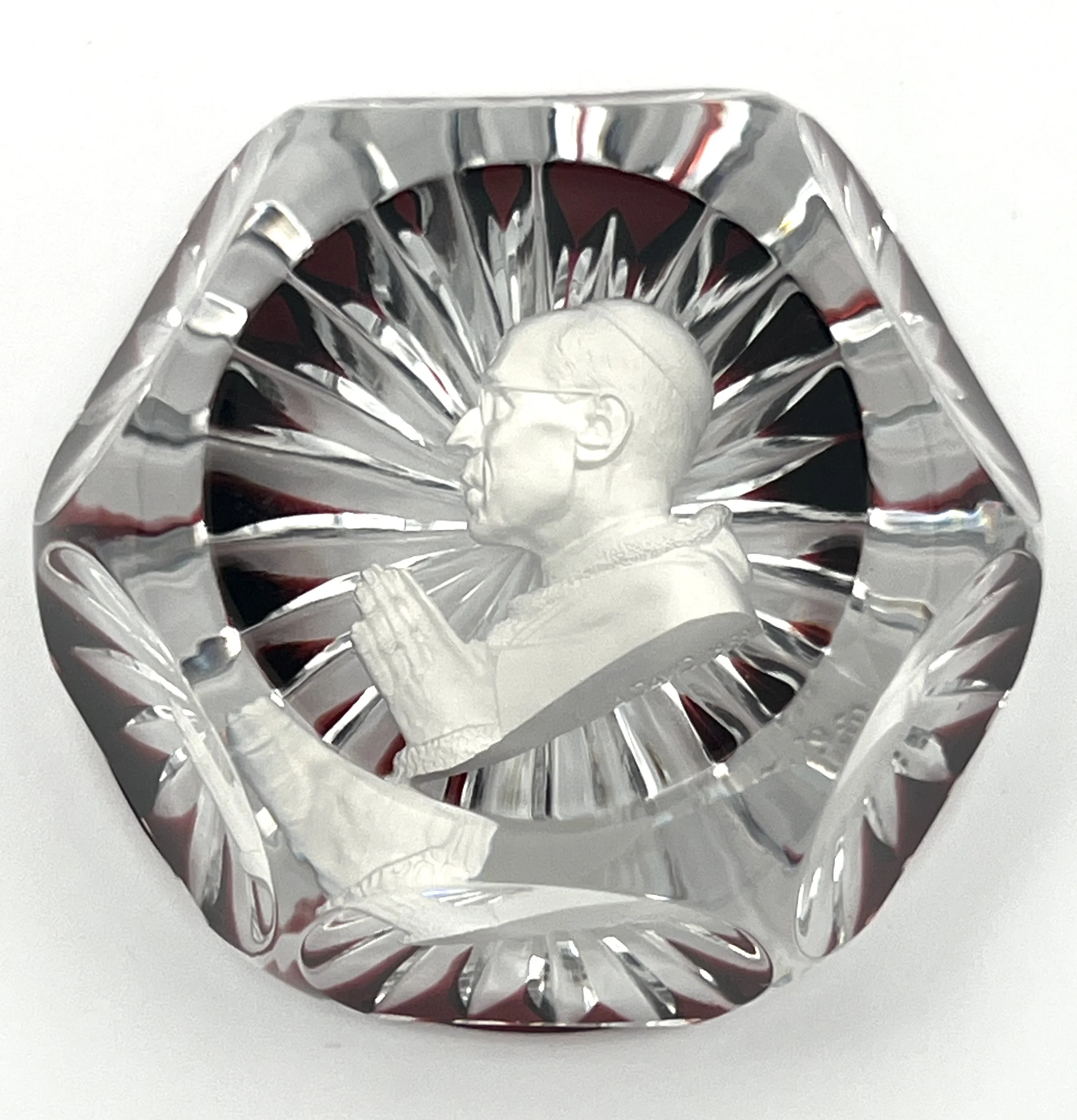 Vintage Baccarat Pope Pius Sulphide Cameo Paperweight, Ruby Red Star-Cut Faceted Base