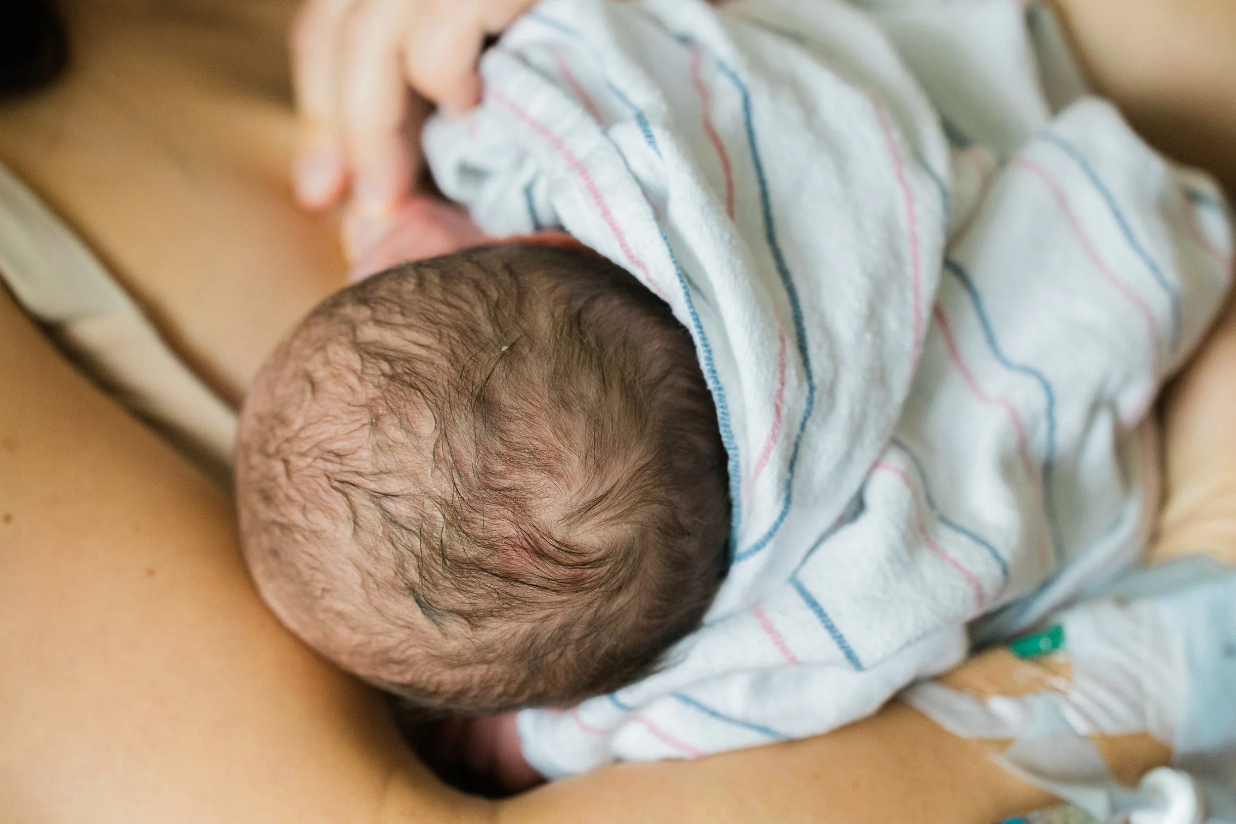 The back of a nursing newborn's head while still at the hospital.