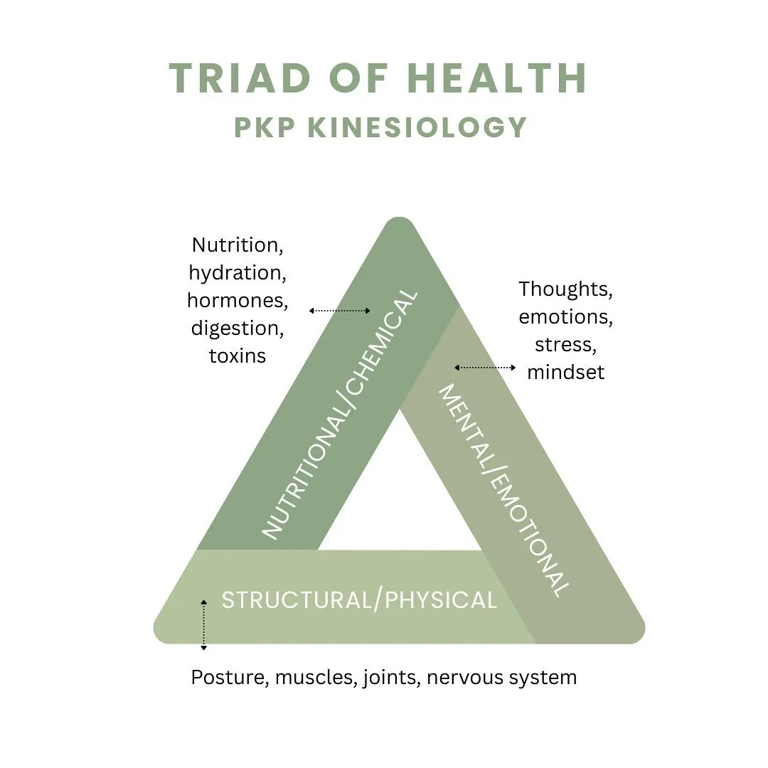 In PKP Kinesiology, we look at the body as a whole, not just treating one symptom in isolation. 

That&rsquo;s why we use the Triad of Health: your body, chemistry, and mind are all connected, and when one area is out of balance, it can create knock-