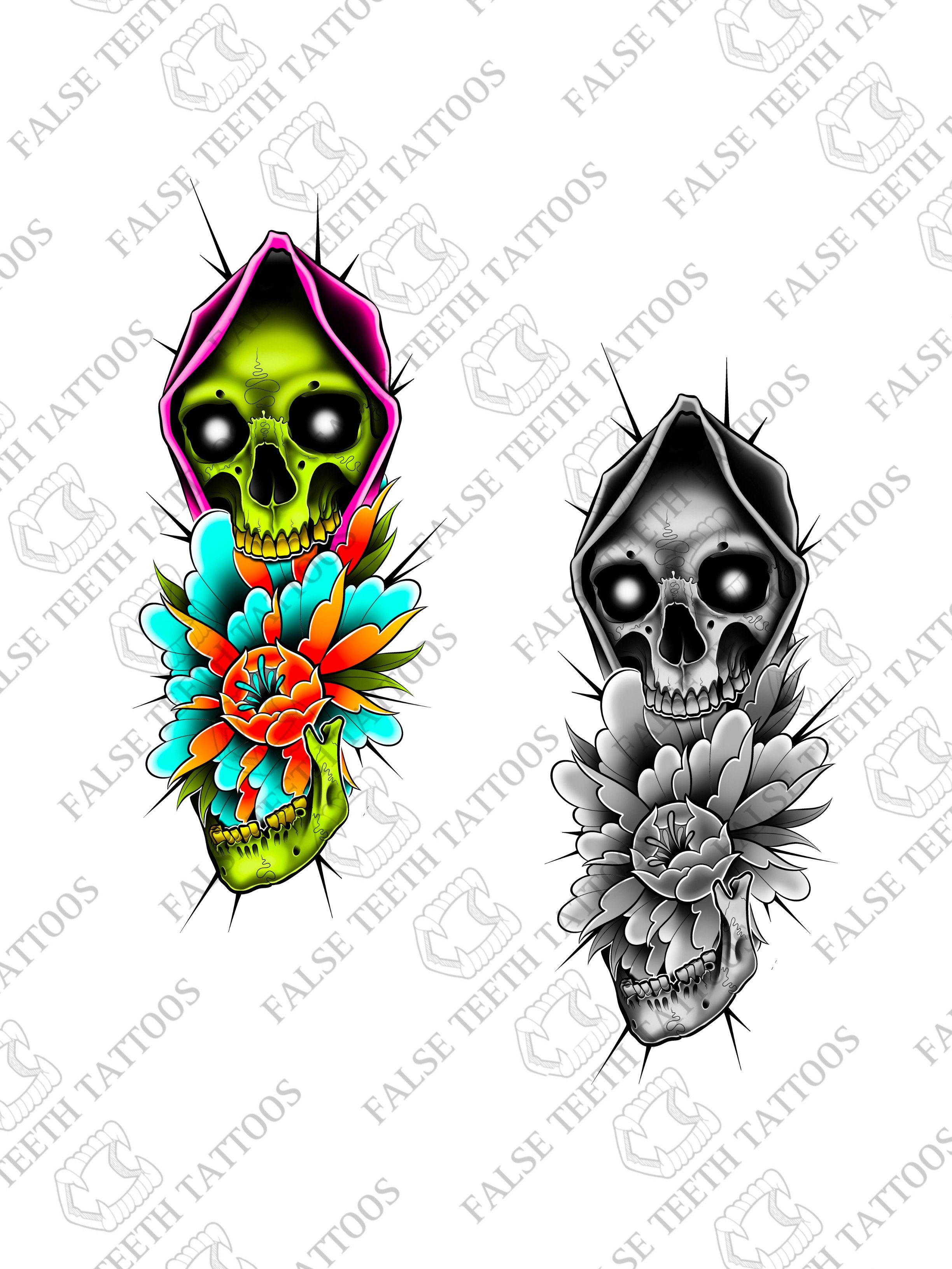 Colorful and grayscale skull illustrations with floral designs, featuring bold lines and vibrant colors, labeled 'False Teeth Tattoos'.