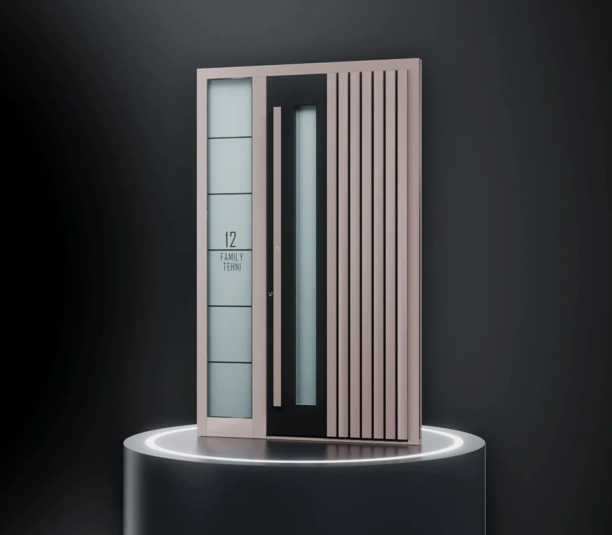 Modern door with vertical wooden slats and frosted glass panel, mounted on a round platform with LED lighting, against a dark background.