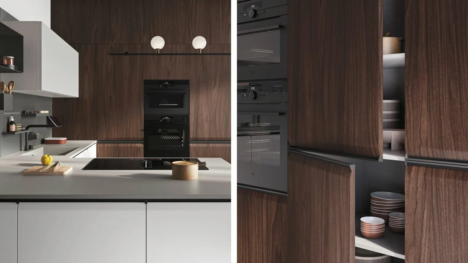 A modern kitchen with white cabinets, a gray countertop, and a dark wood accent wall. The kitchen features built-in black appliances and open shelves with kitchenware, a small cutting board with a lemon, and a container on the counter. The open cabinets show stacked bowls and storage containers.