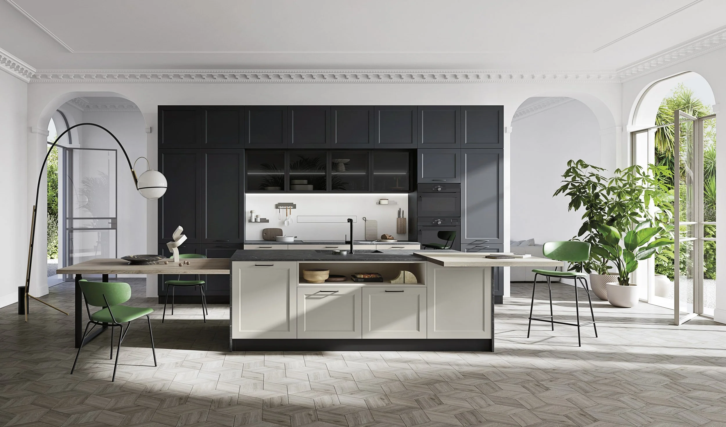 Modern kitchen with black and white cabinetry, open to a bright outdoor space with large windows and potted plants, wooden floor, and a kitchen island.