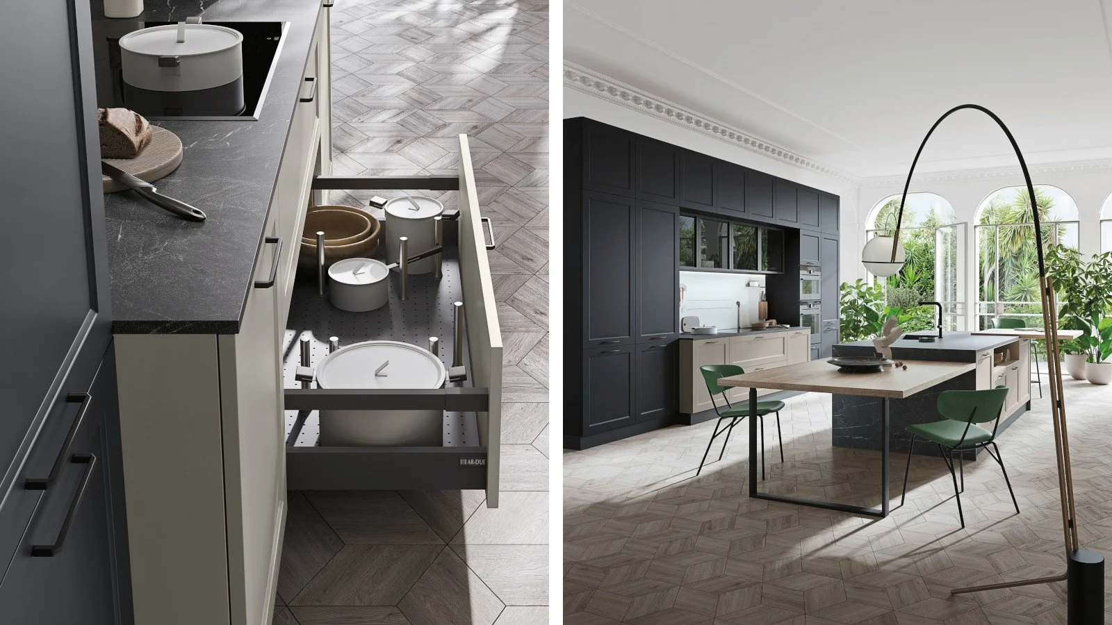 Split view of a modern kitchen: left side shows an open cabinet drawer with kitchenware, right side features a spacious kitchen with a dining table, black cabinets, and large windows with greenery outside.