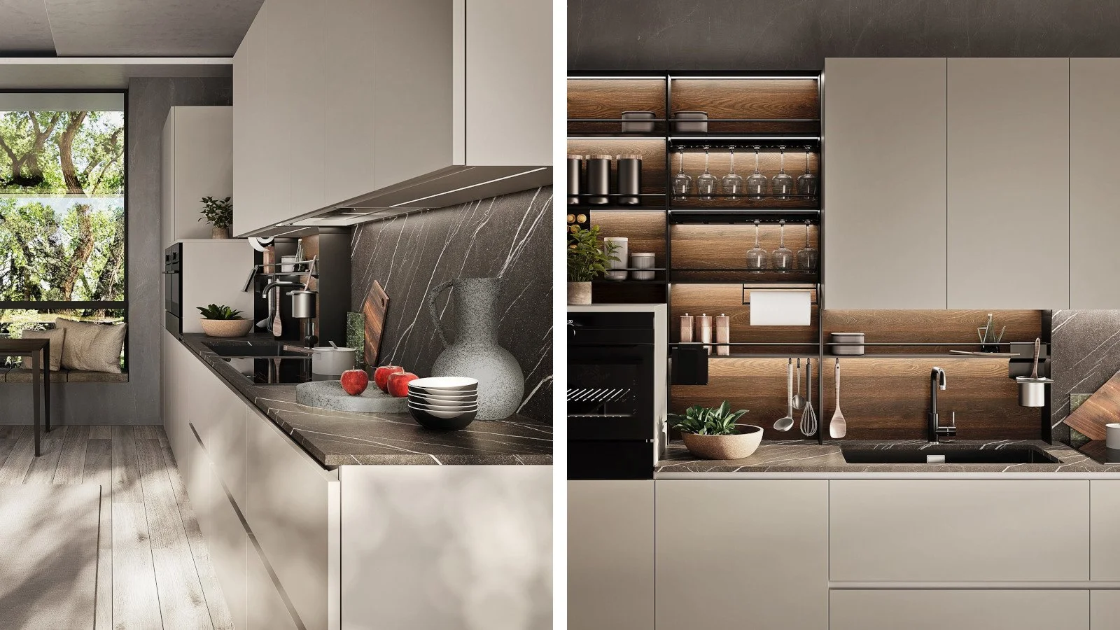 Split view of two modern kitchens, one with white cabinetry and a dark marble backsplash, the other with wood and black accents, including open shelves with glassware.
